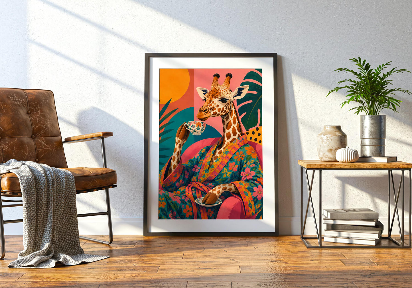 Vibrant gallery wall print with whimsical giraffe and floral robe.