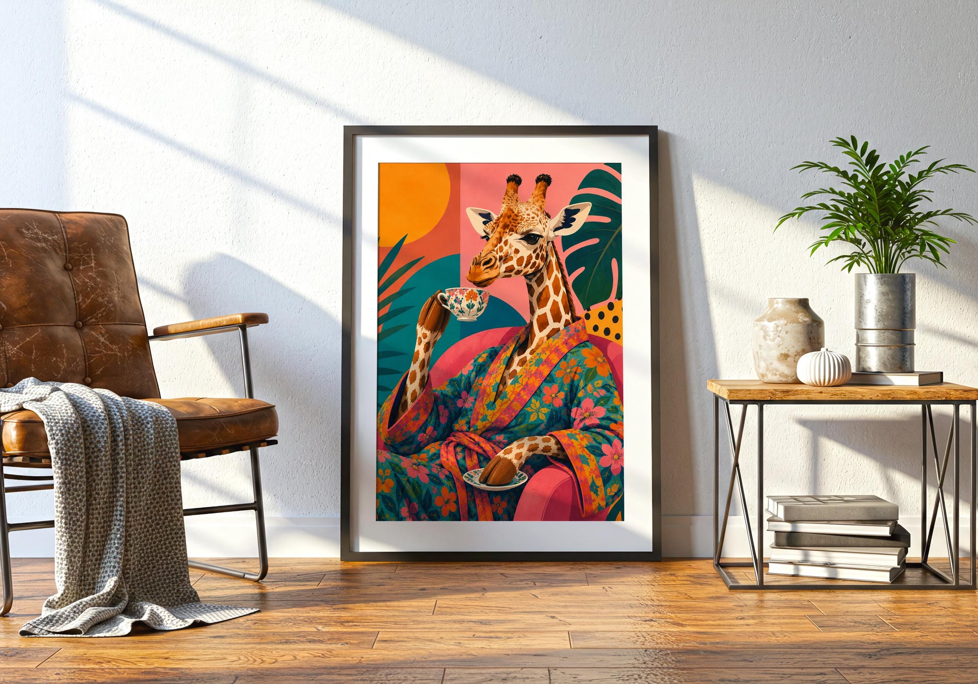 Vibrant gallery wall print with whimsical giraffe and floral robe.