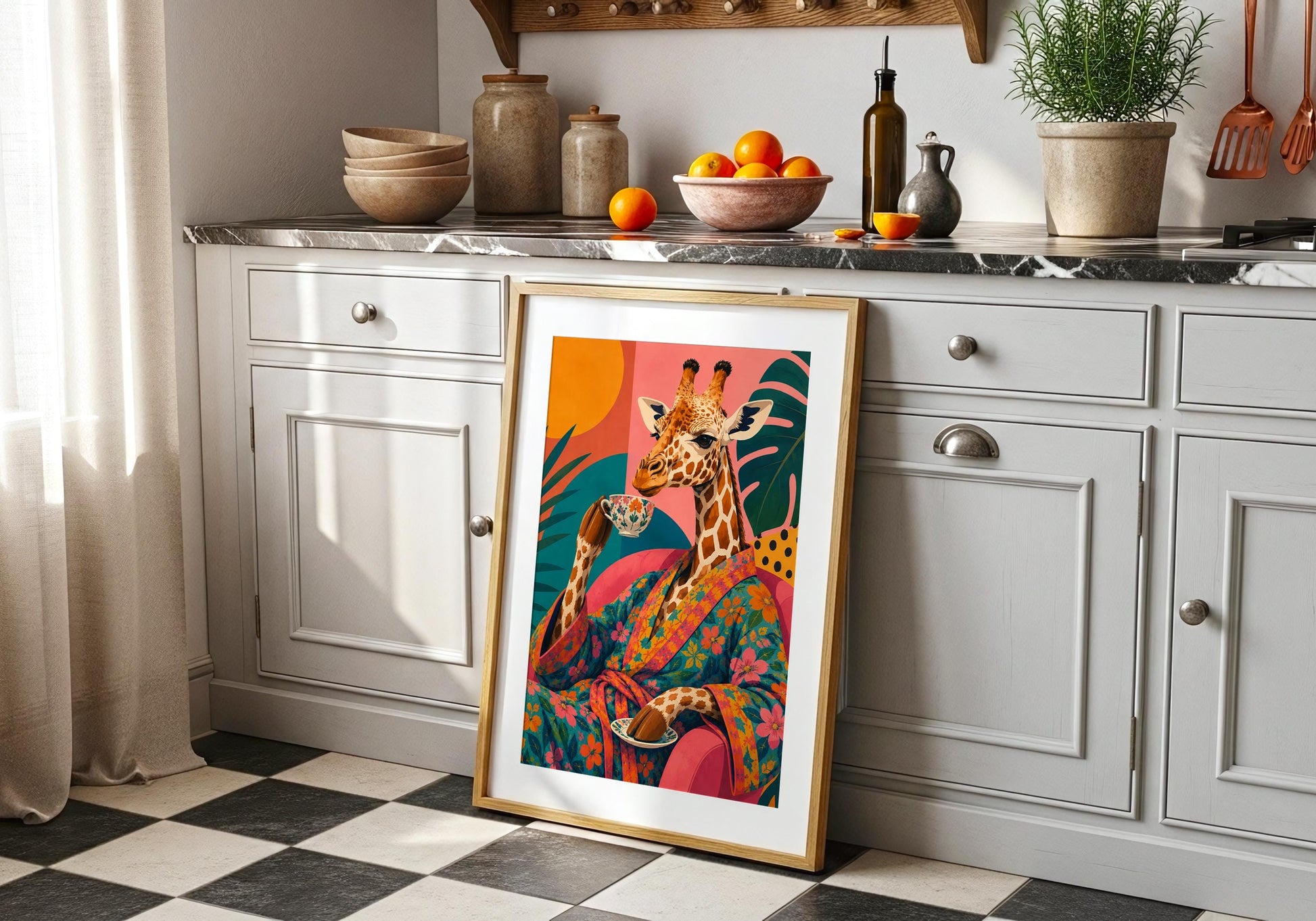 Bold pink and teal wall art for eclectic living room styling.