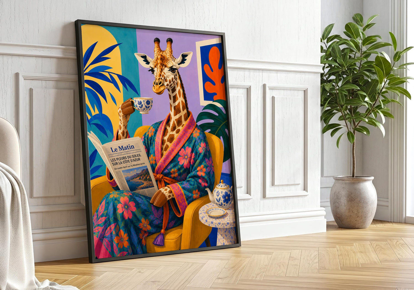 Paris apartment decor with elegant giraffe illustration and colourful maximalist interior style.