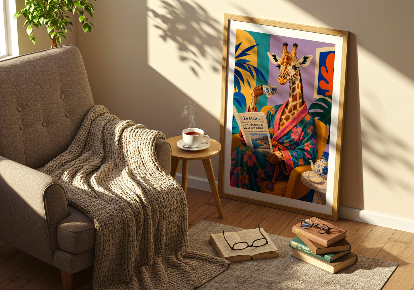 European-inspired wall print with floral robe, teacup and colourful contemporary decor.