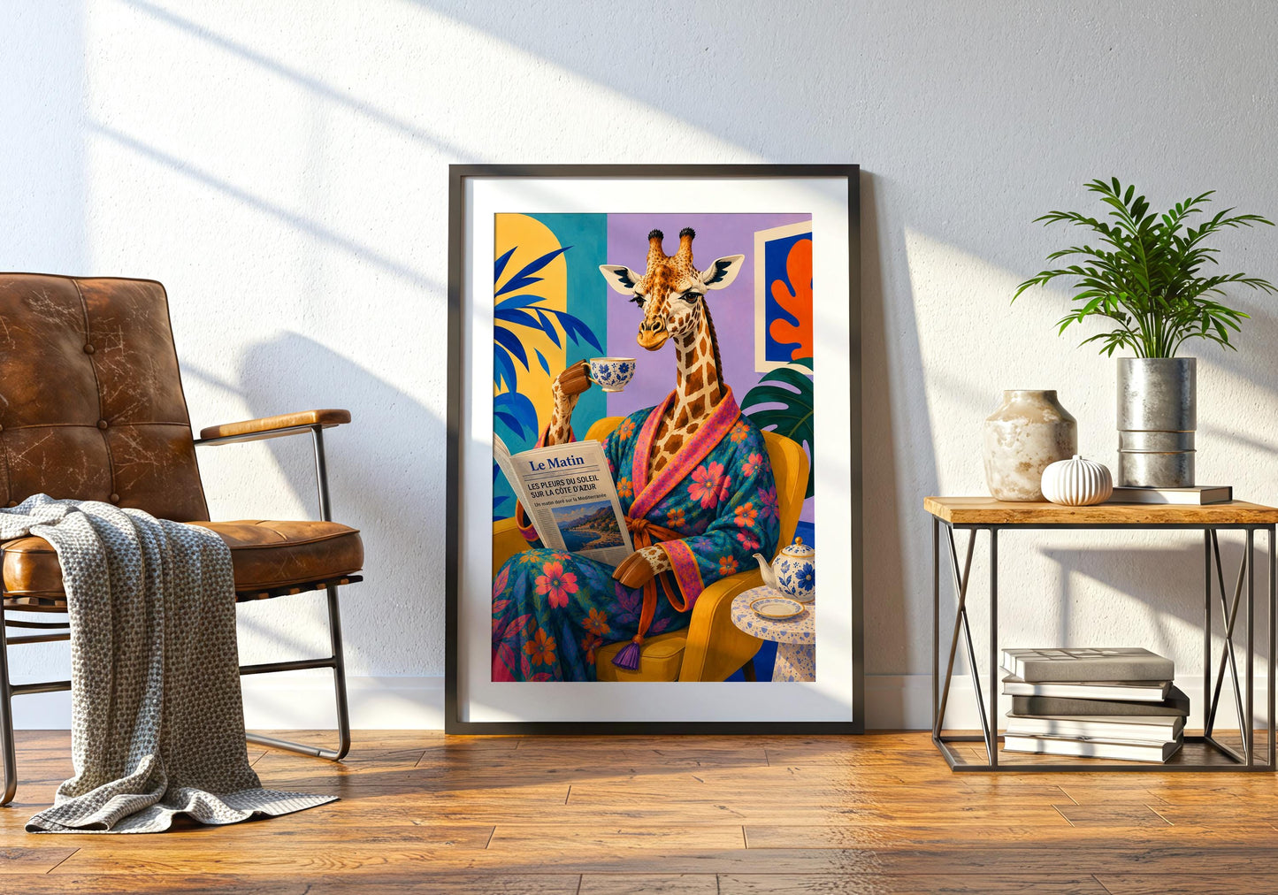 Colourful giraffe artwork perfect for breakfast nook or reading corner styling.