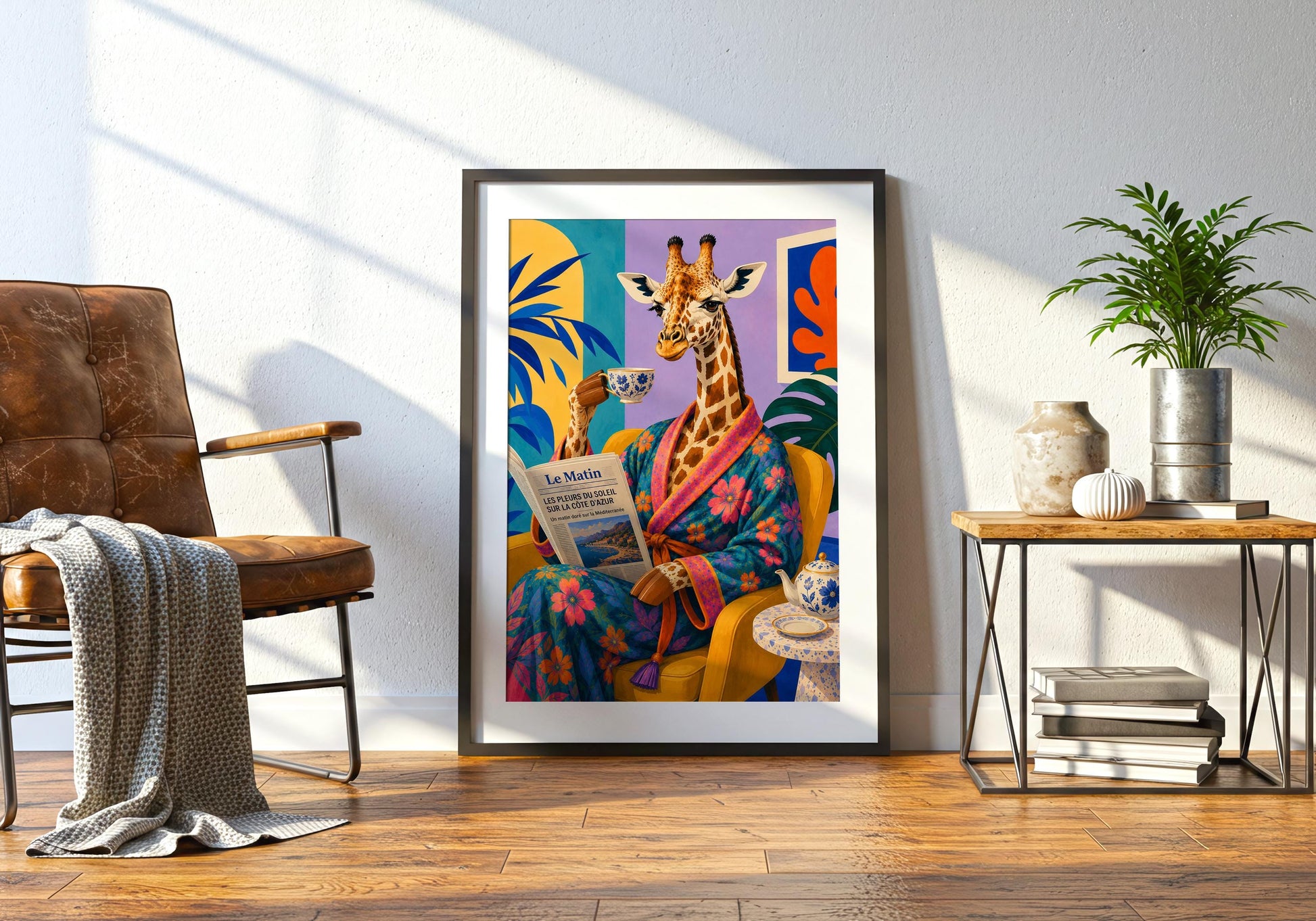 Colourful giraffe artwork perfect for breakfast nook or reading corner styling.
