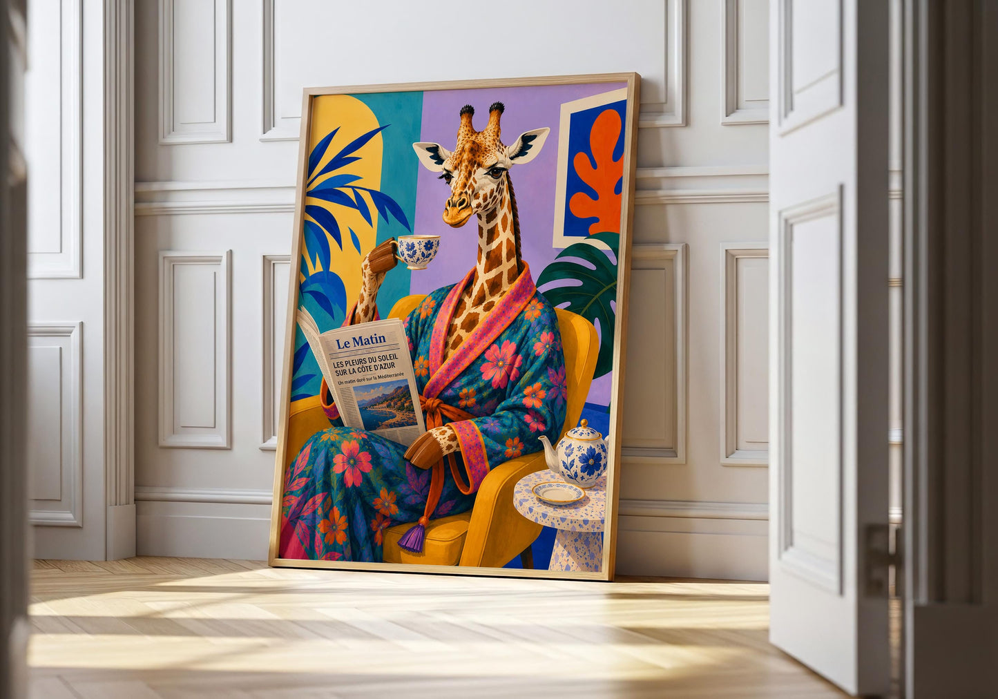 French café wall art featuring a giraffe drinking tea while reading a newspaper in a colourful robe.
