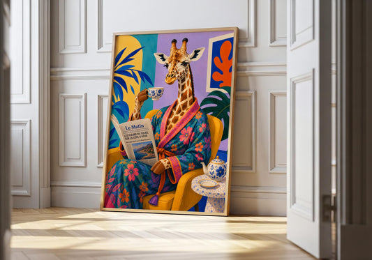 French café wall art featuring a giraffe drinking tea while reading a newspaper in a colourful robe.