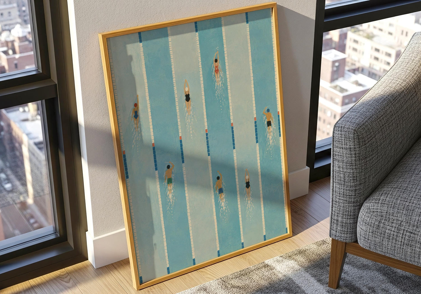 Luxury resort-inspired pool print featuring swimmers gliding through lap lanes, perfect for coastal homes.