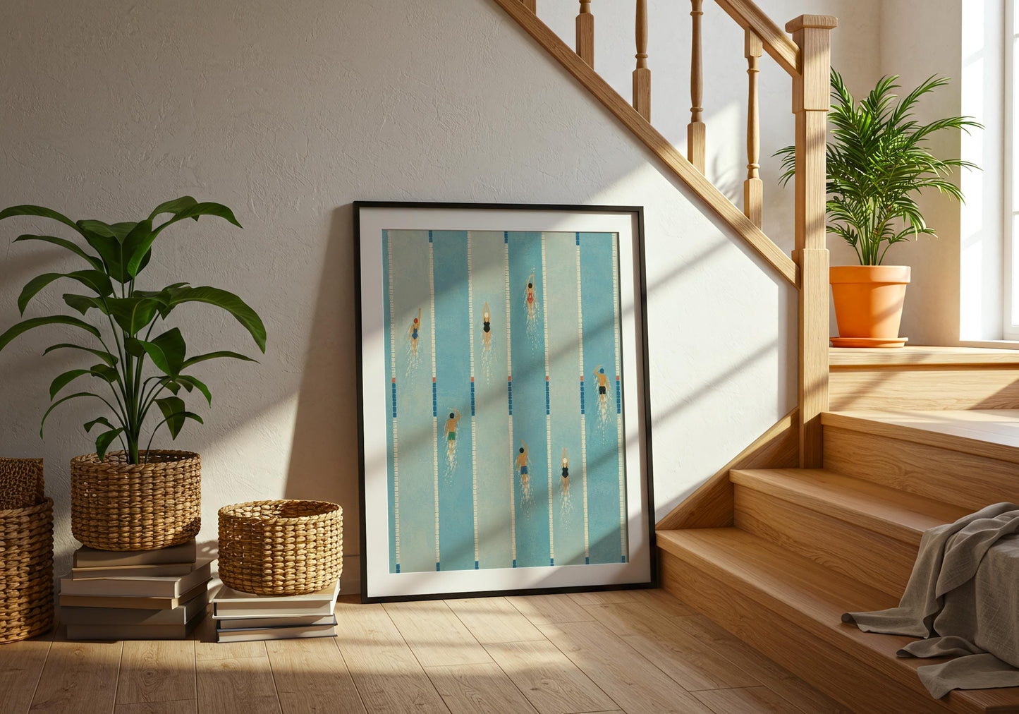 Minimalist swimming pool illustration with an aerial perspective, elegant blue wall art for bathrooms and living spaces.