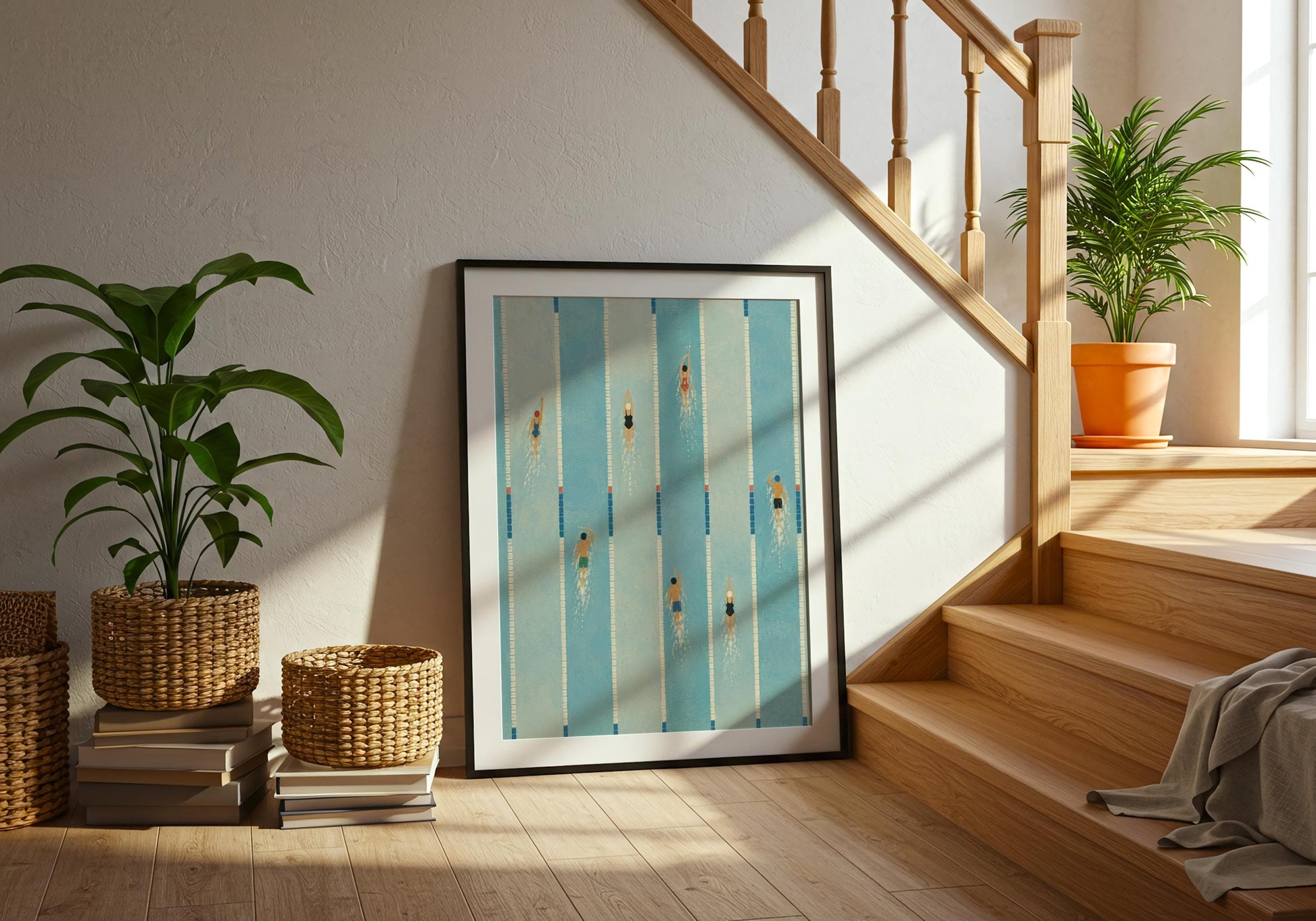 Minimalist swimming pool illustration with an aerial perspective, elegant blue wall art for bathrooms and living spaces.