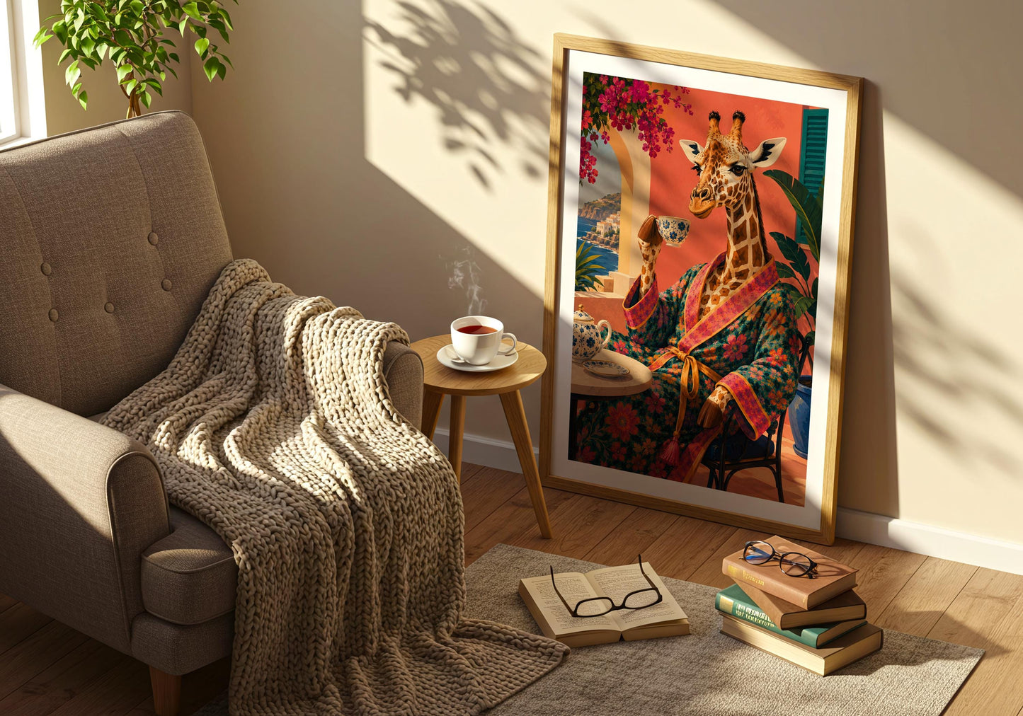 Summer wall art featuring a giraffe on an Italian-style balcony overlooking the sea.