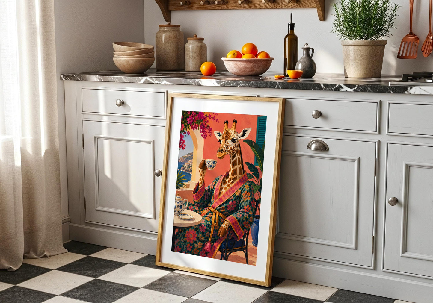 Colourful giraffe artwork inspired by Mediterranean villa living.