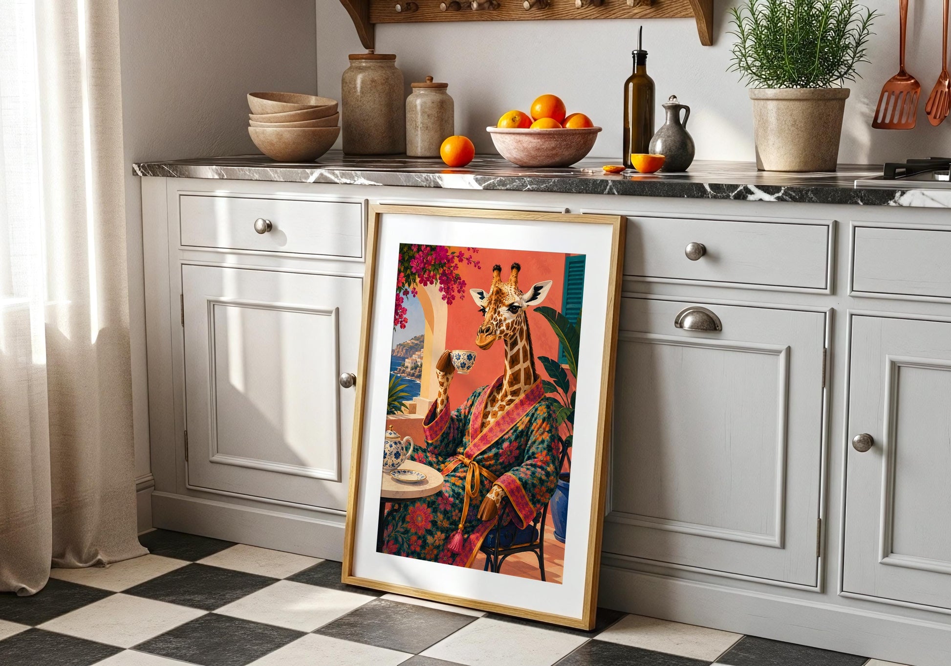 Colourful giraffe artwork inspired by Mediterranean villa living.