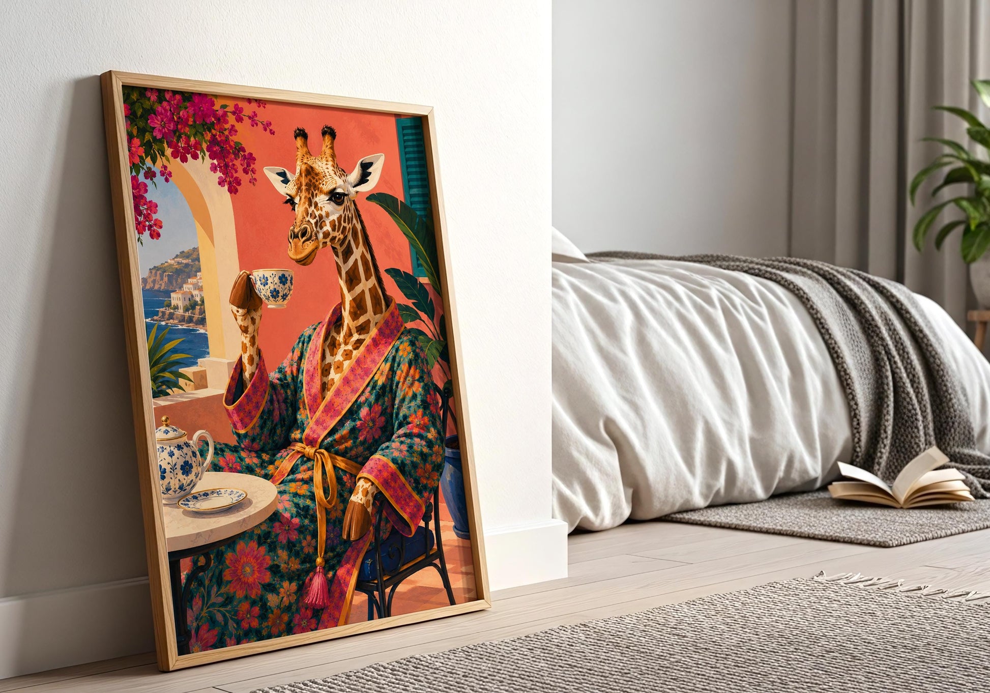 Amalfi Coast inspired print with colourful giraffe and Mediterranean sea view.