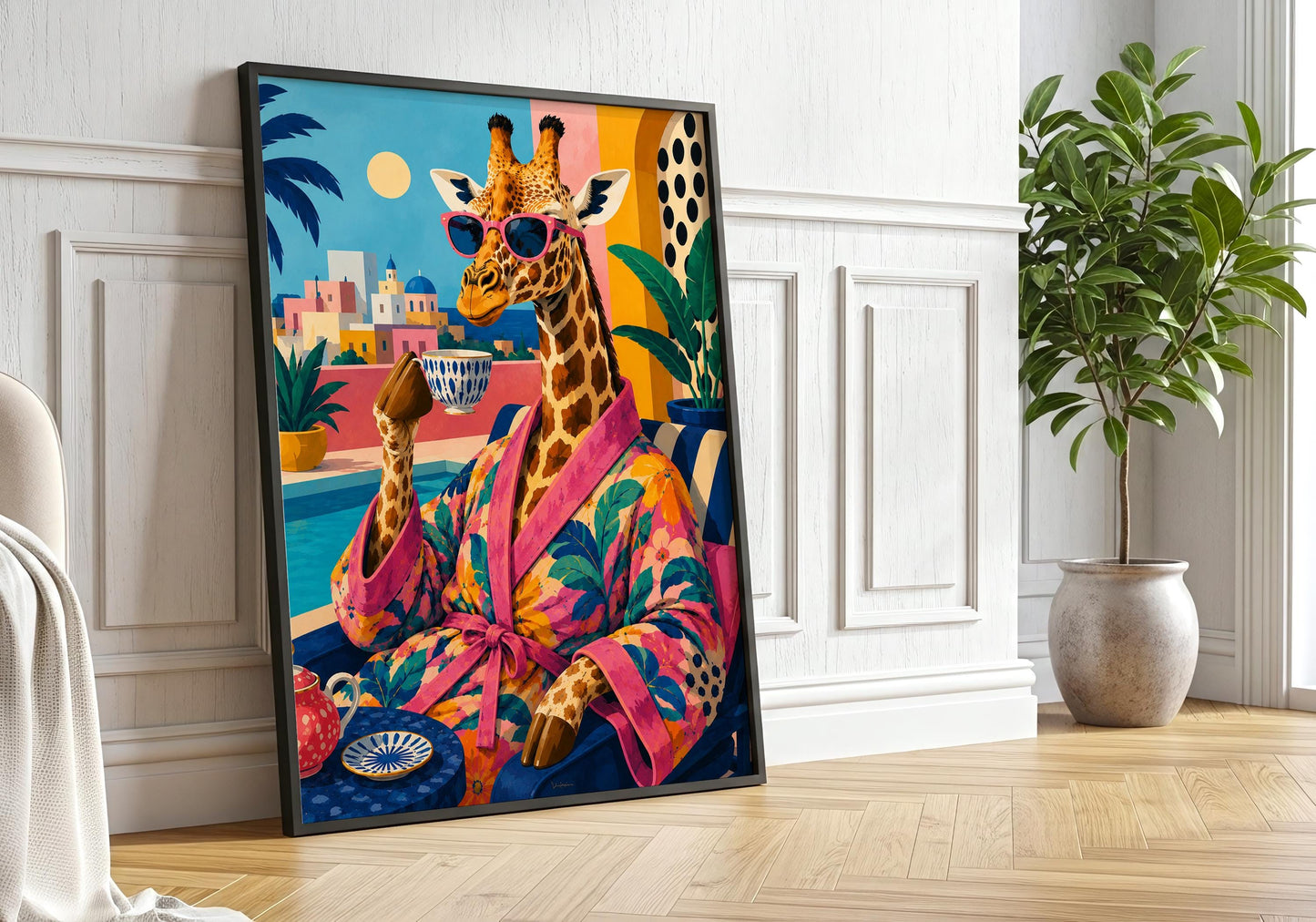 Palm Springs decor print with stylish giraffe in a tropical robe and colourful resort-inspired background.