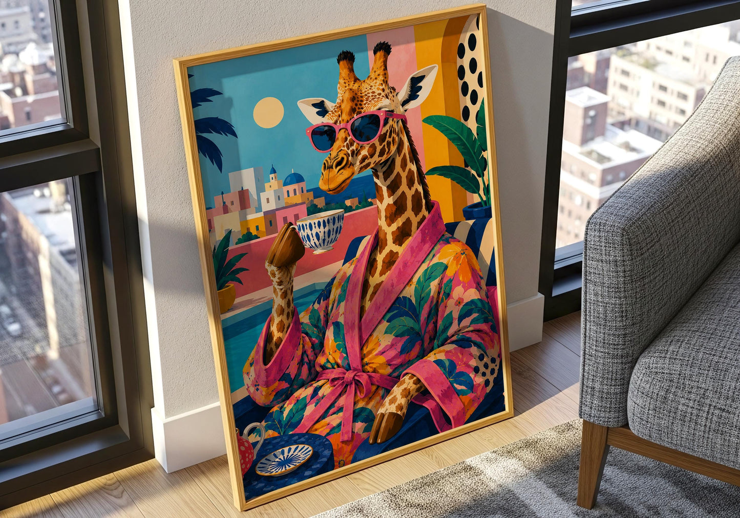 Tropical giraffe wall art for colourful living rooms, pool houses and holiday home decor.