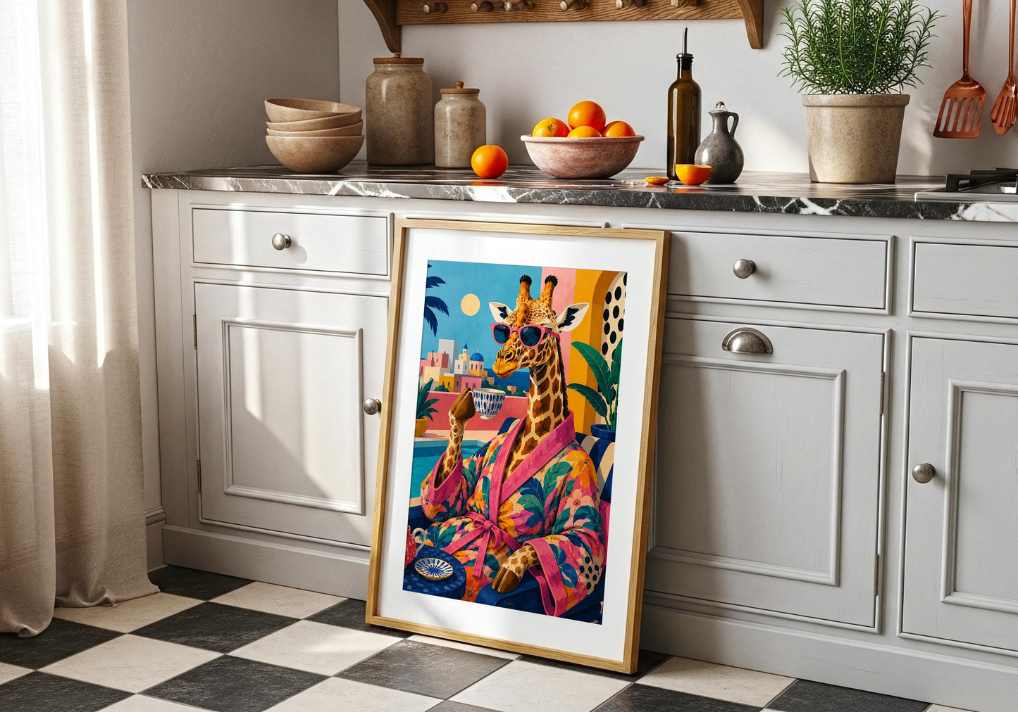 Modern giraffe wall art combining tropical design, colourful interiors and playful luxury style