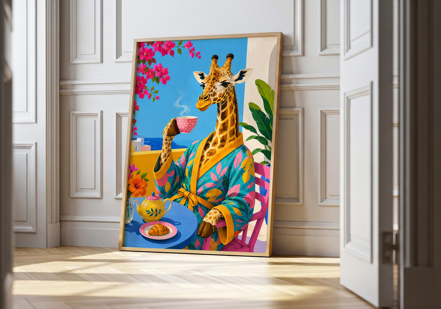 Colourful giraffe wall art featuring a giraffe enjoying coffee and breakfast on a Mediterranean terrace.