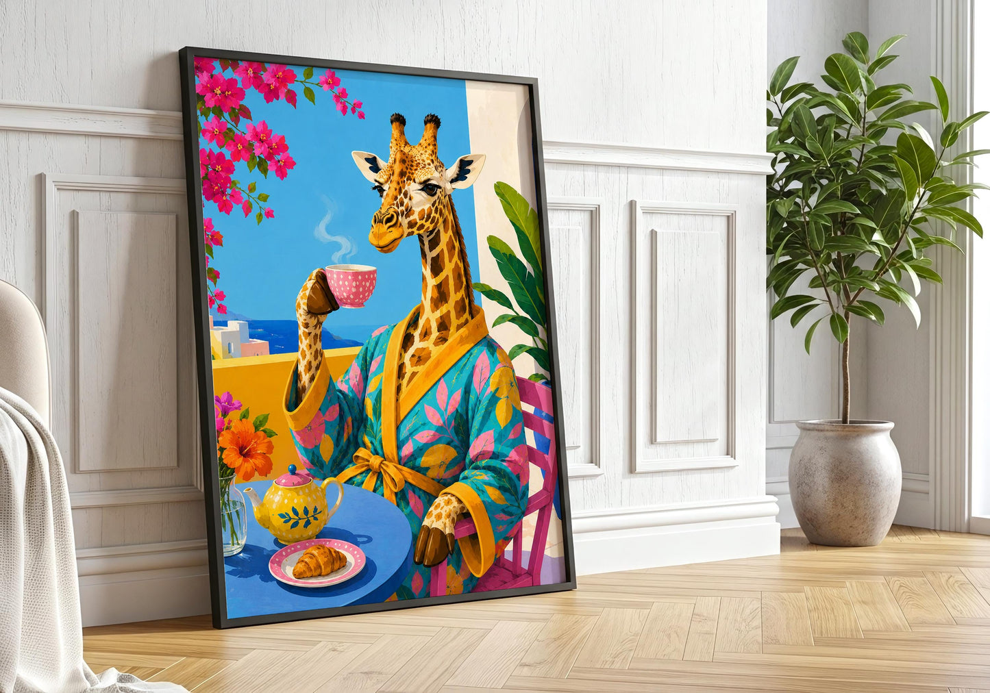 Breakfast nook decor with stylish giraffe, coffee cup and croissant in a colourful setting.