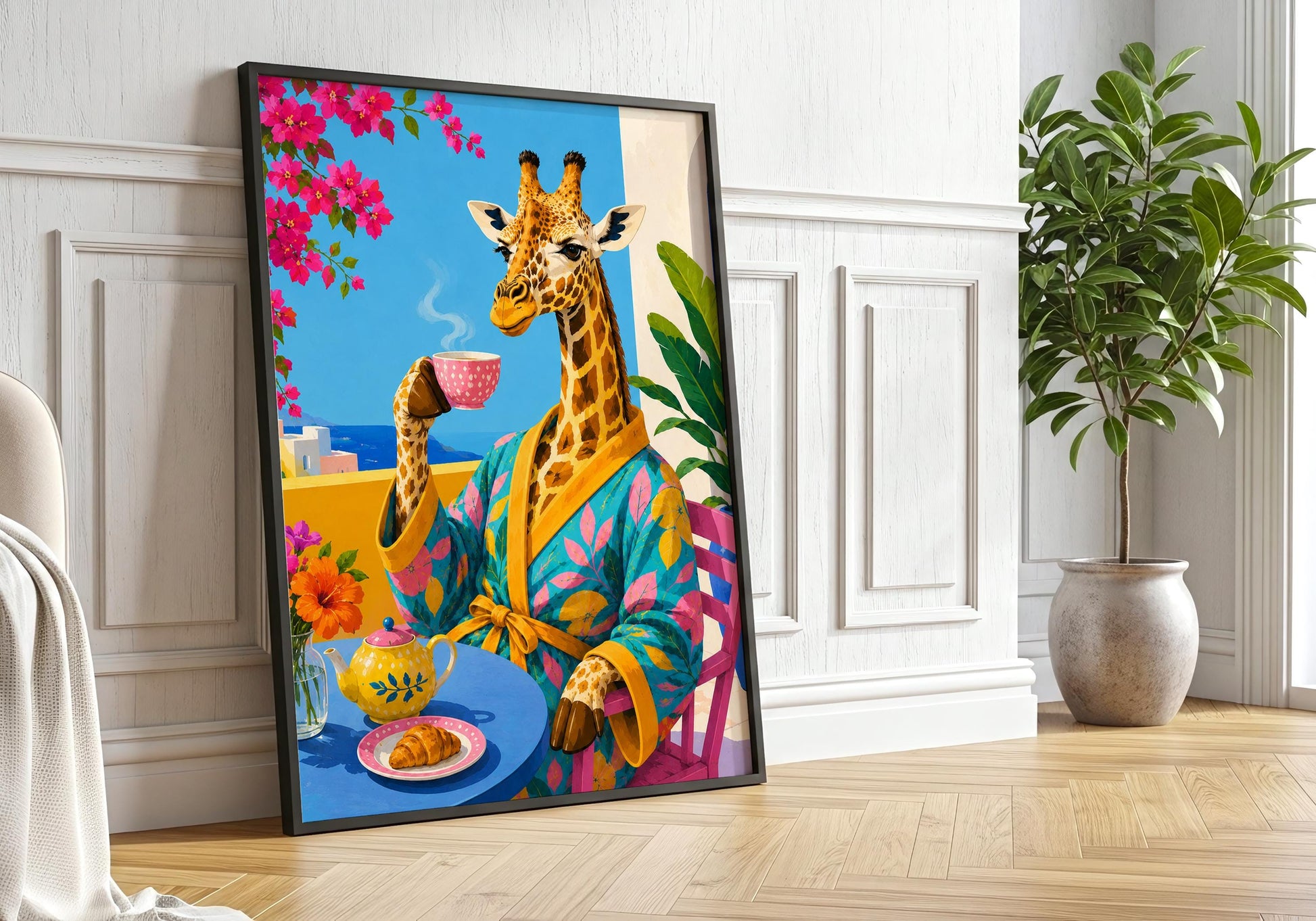 Breakfast nook decor with stylish giraffe, coffee cup and croissant in a colourful setting.