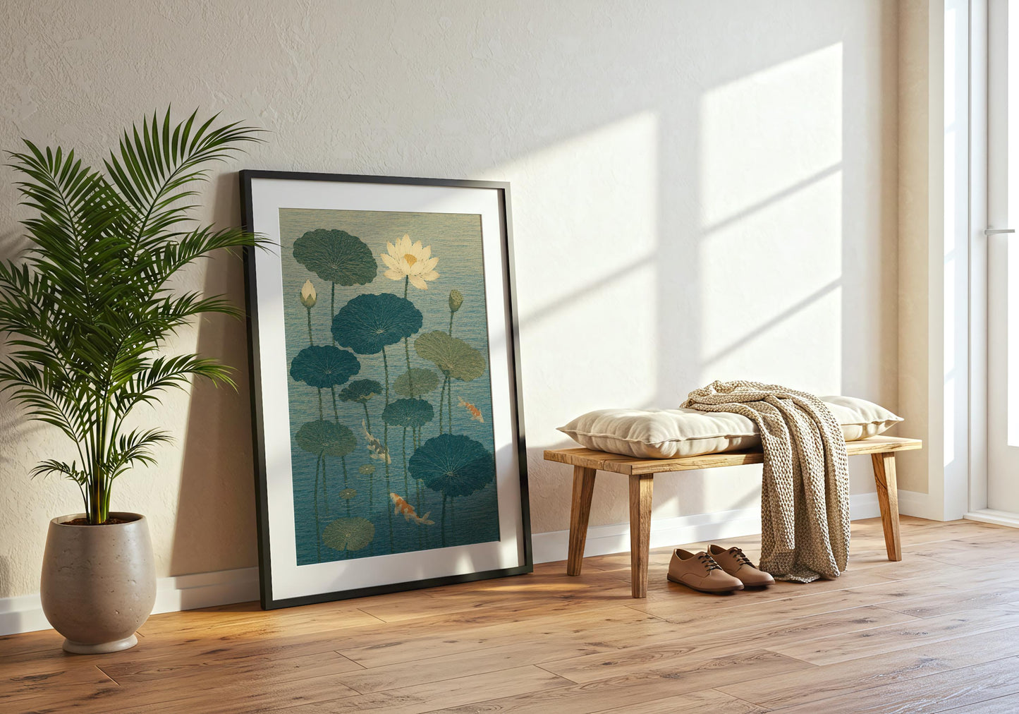 Botanical wall art with lotus blossoms and floating lily pads, creating a serene atmosphere for luxury bathrooms.