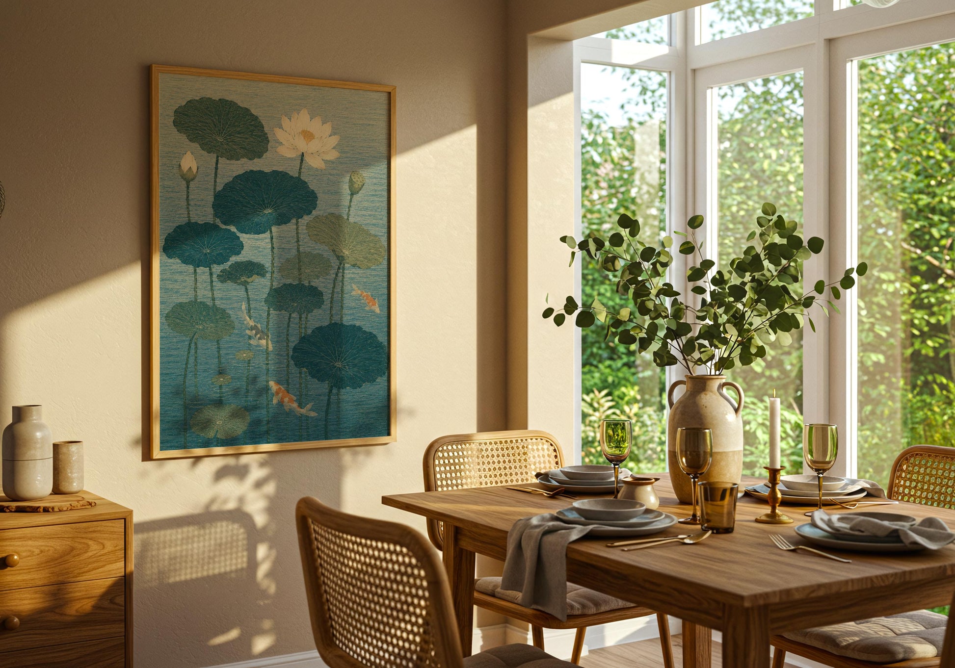 Asian-inspired botanical artwork with lotus flowers and koi fish, perfect for holistic therapy rooms and home spas.