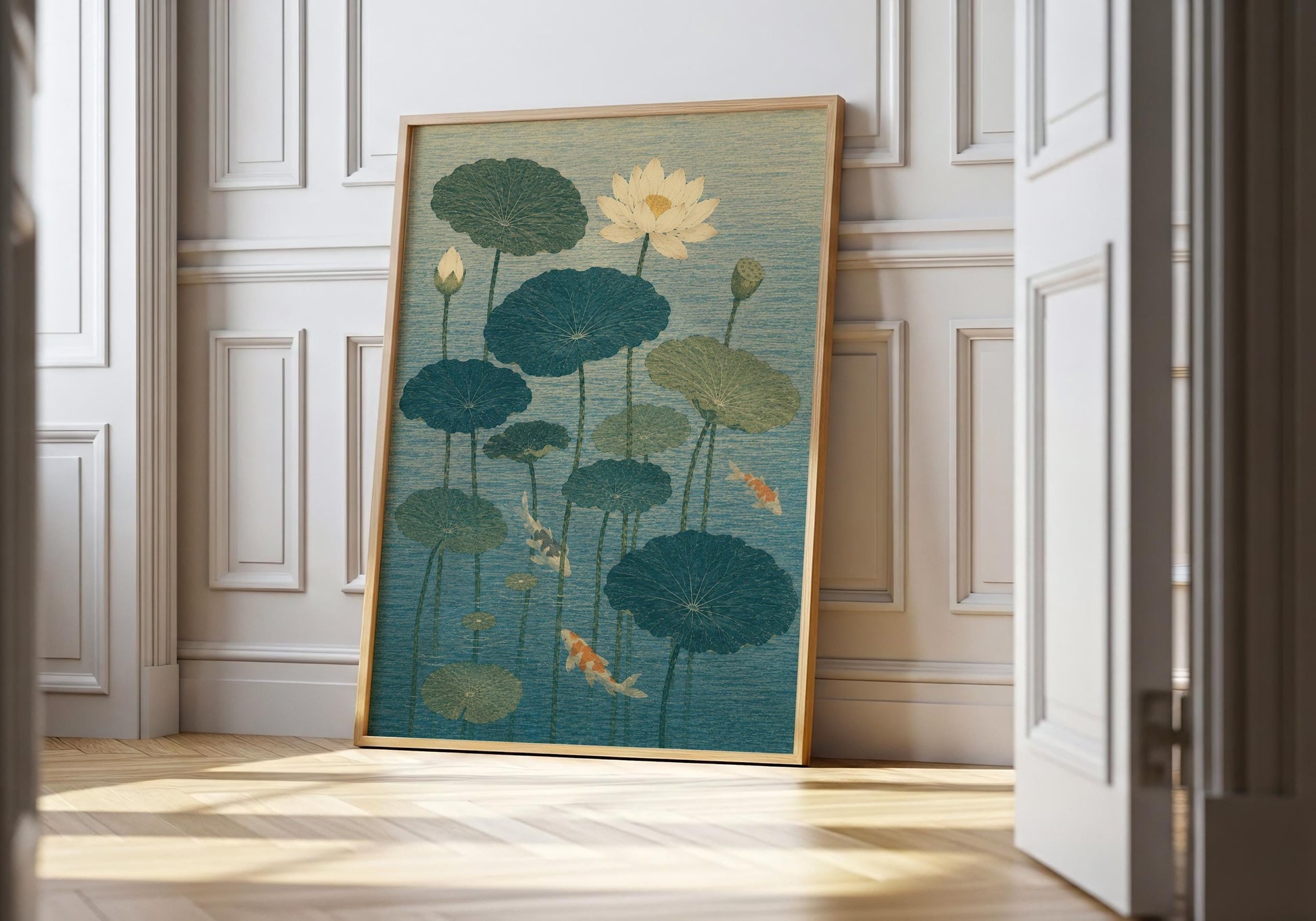 Tranquil lotus pond wall art featuring koi fish and blooming lotus flowers, perfect for spa and wellness room decor.