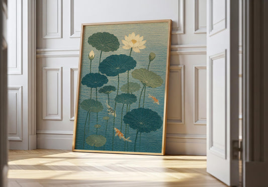 Tranquil lotus pond wall art featuring koi fish and blooming lotus flowers, perfect for spa and wellness room decor.