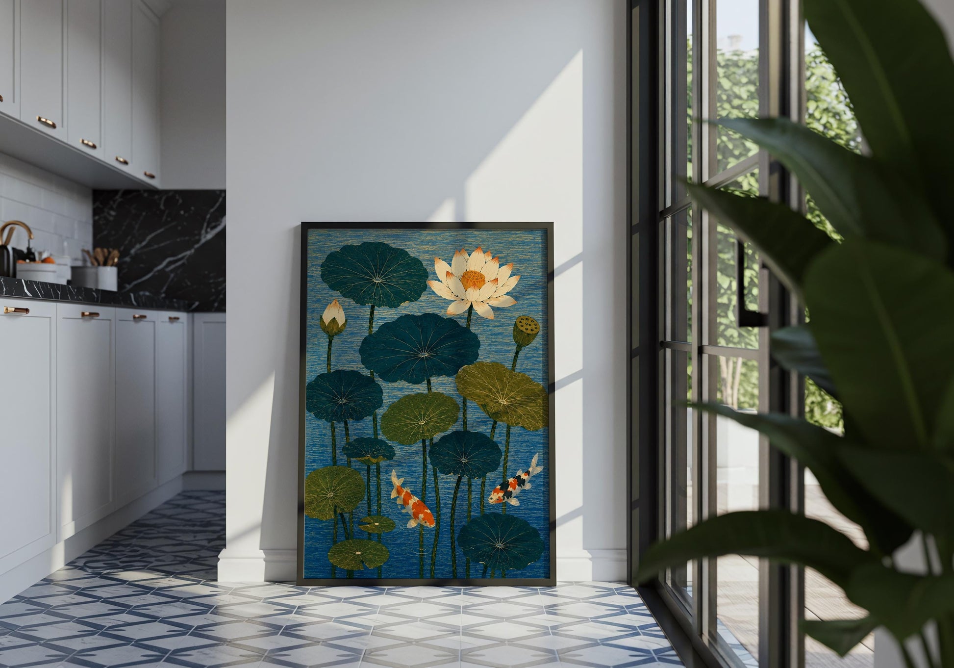 Designer-inspired lotus pond print with vibrant blue tones and koi fish, creating a bold focal point for stylish interiors.