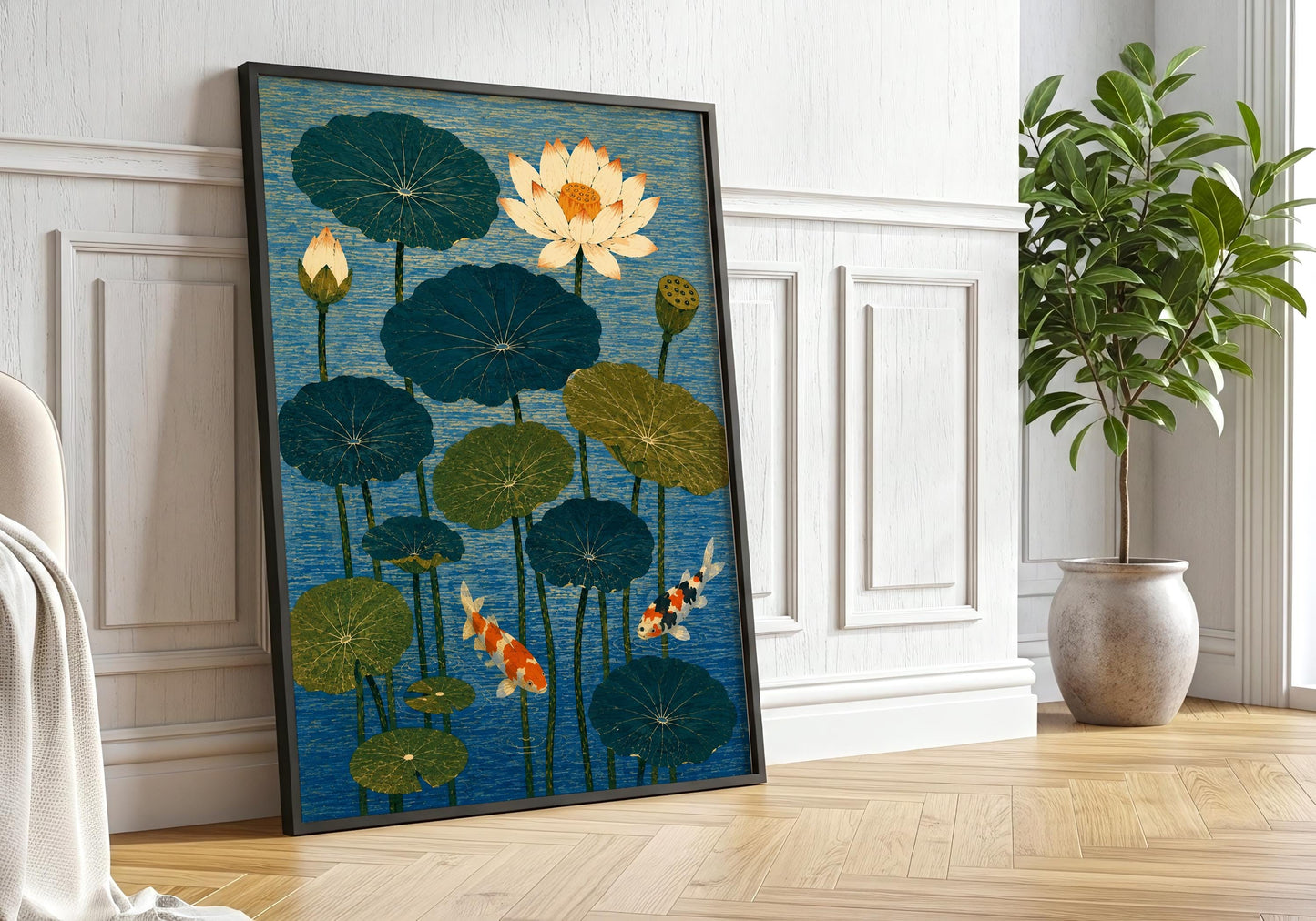 Statement botanical print with vibrant lotus leaves and koi fish on a cobalt blue background for sophisticated living rooms.