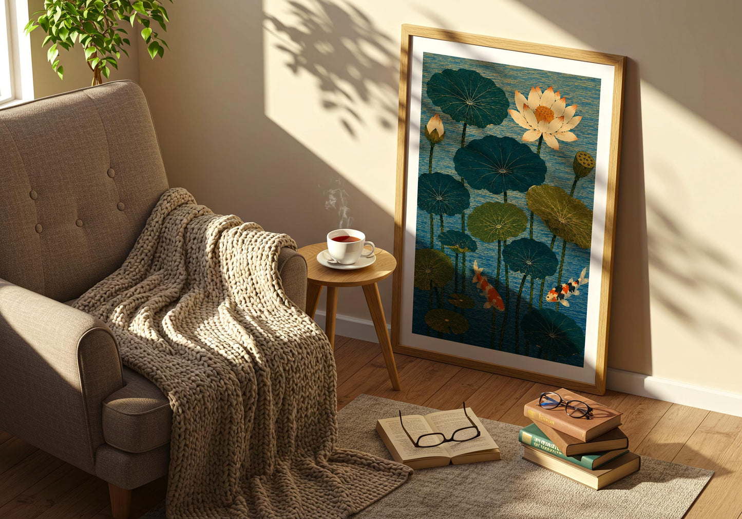 Luxury koi fish wall art featuring a blooming lotus flower, perfect for eclectic, designer, and contemporary home decor.