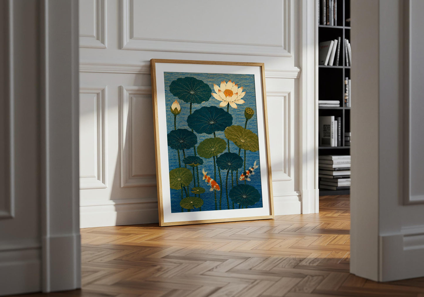 Contemporary blue lotus artwork with Asian-inspired design, perfect for luxury living rooms, dining rooms, and entryways.