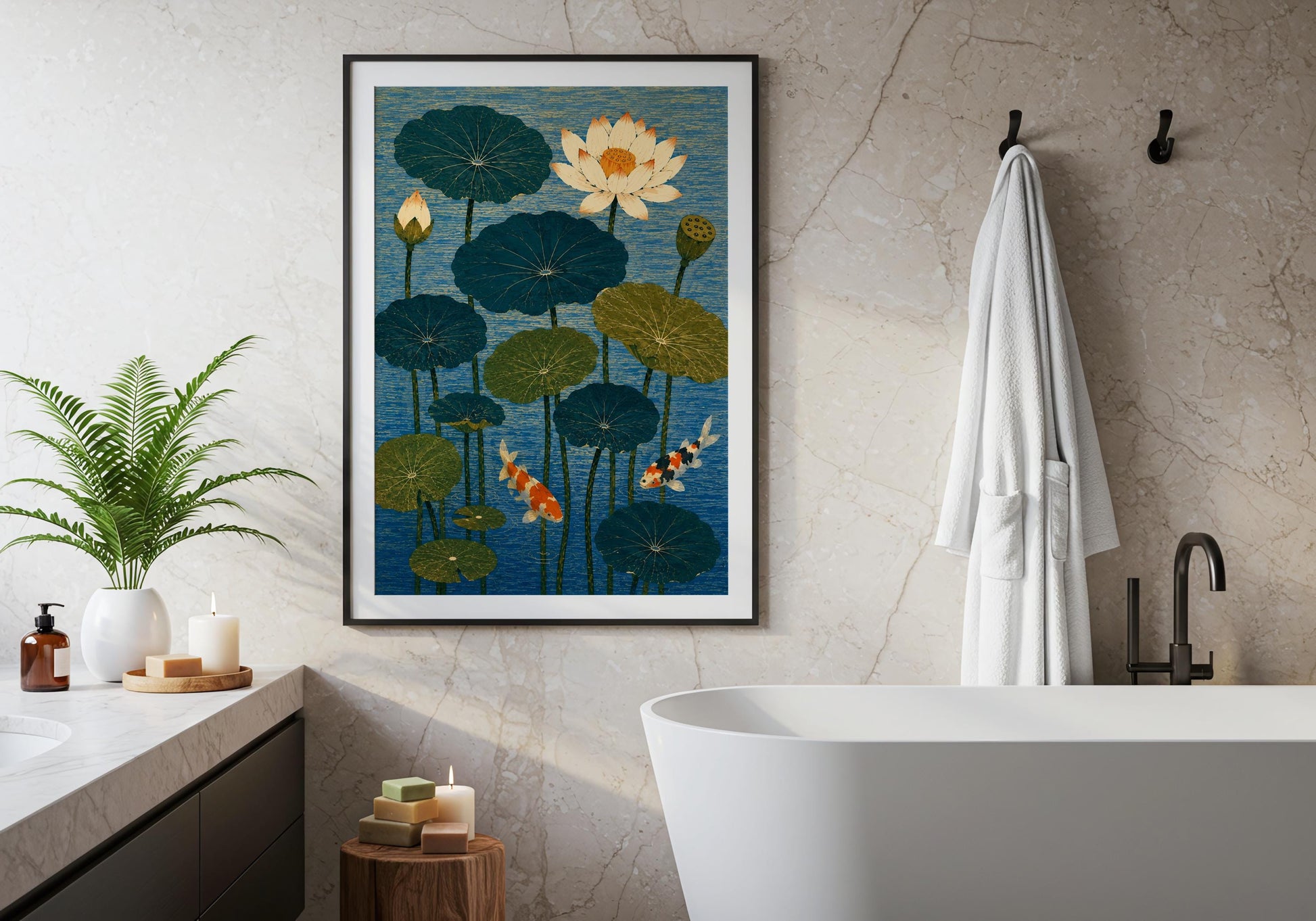 Art Deco-inspired lotus pond artwork with rich blue tones, elegant botanical wall art for colourful interiors.