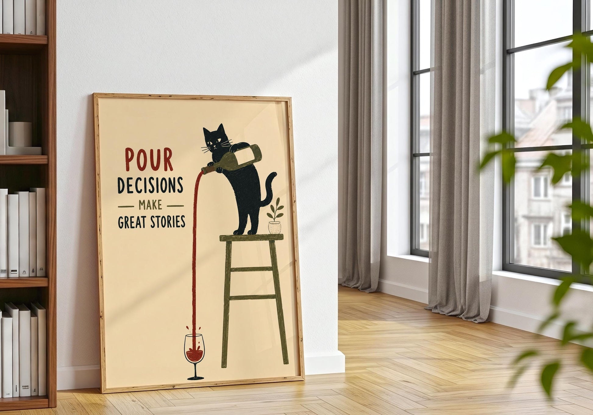 Vintage-inspired cat and wine poster for home bar, kitchen, dining room or wine corner decor.