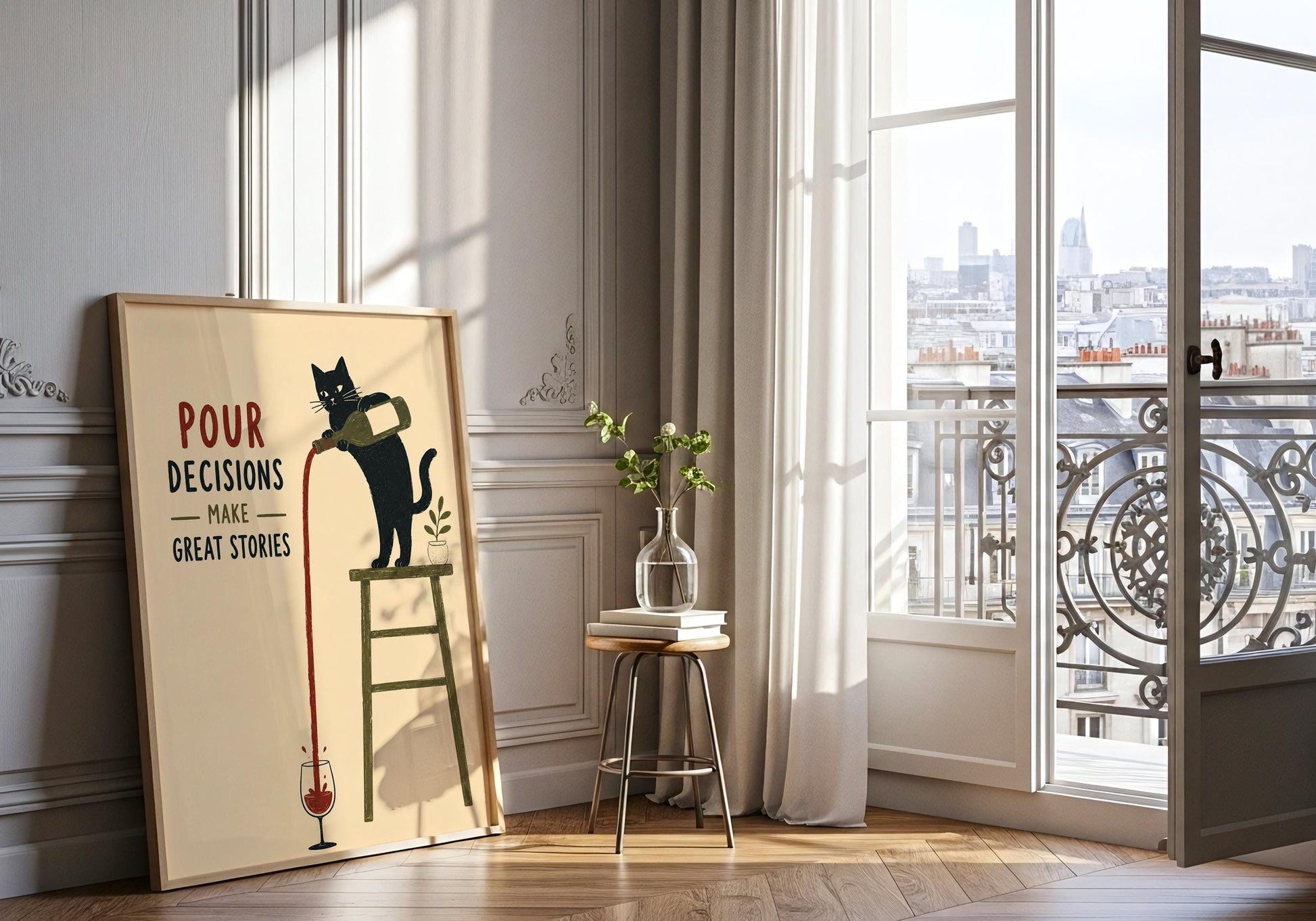Funny kitchen wall art with black cat, wine bottle and playful Pour Decisions quote on a warm cream background.