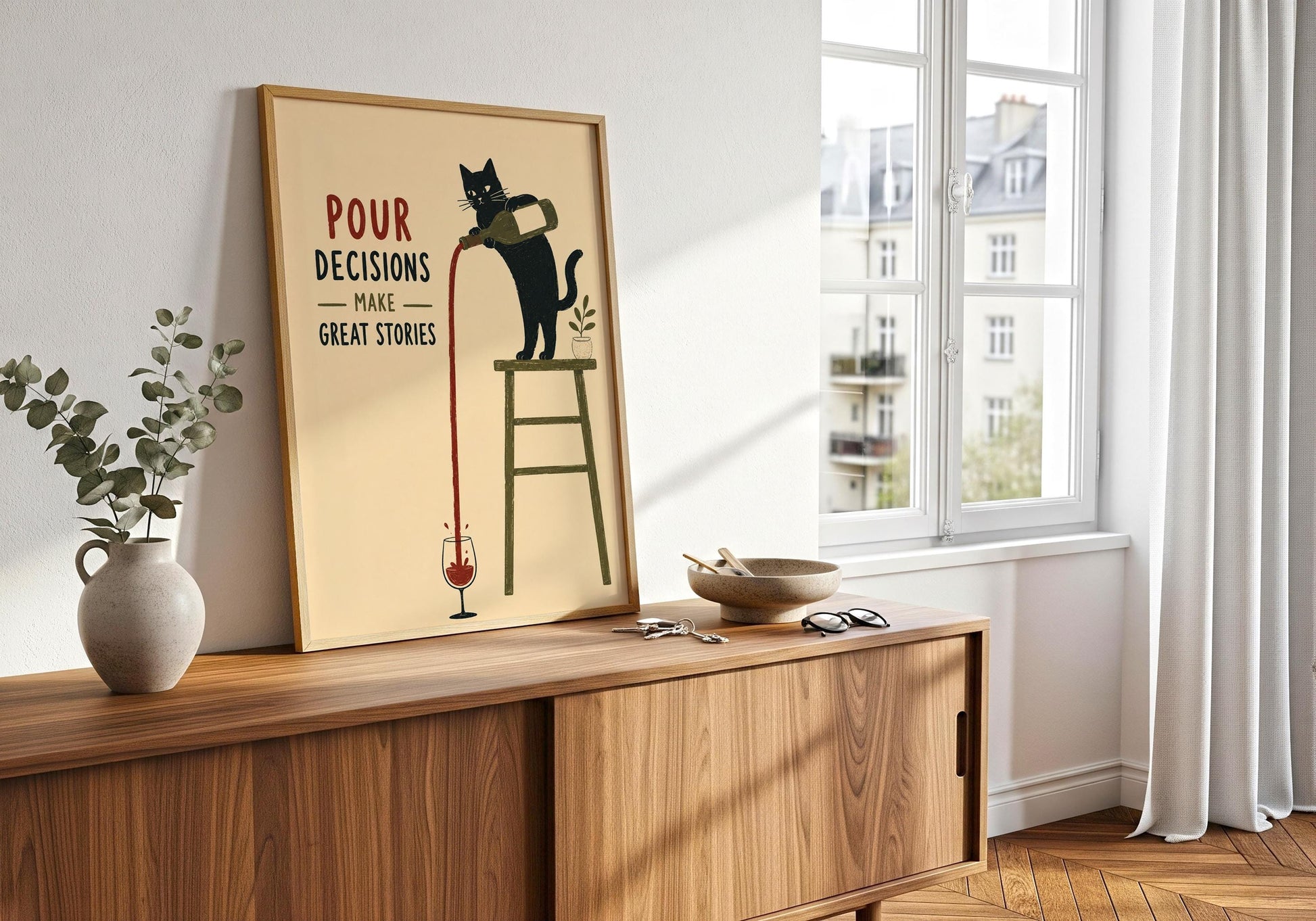 Black cat lover gift featuring humorous red wine illustration and retro-style typography.