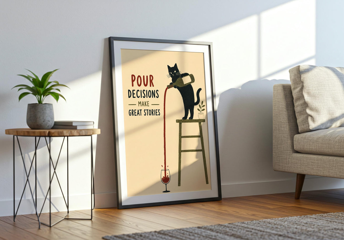 Retro cat kitchen print in cream, black, burgundy and olive with humorous wine lover quote.
