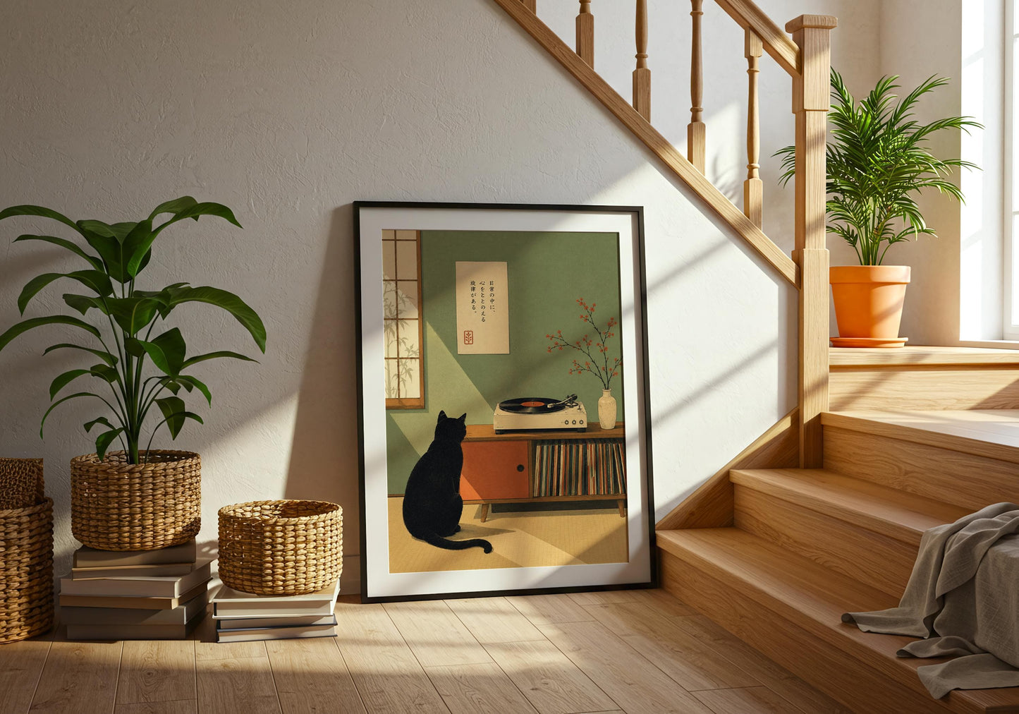 Retro vinyl collector wall decor featuring black cat, record player and Japanese inspired interior