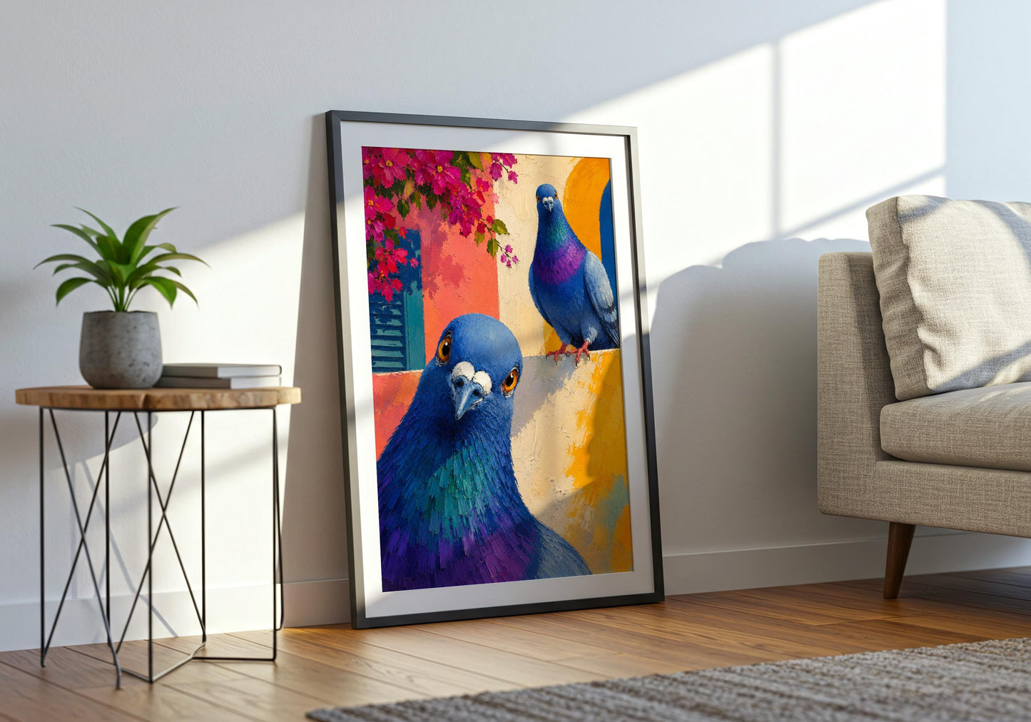 Mediterranean decor print with blue pigeons and vibrant bougainvillea flowers.