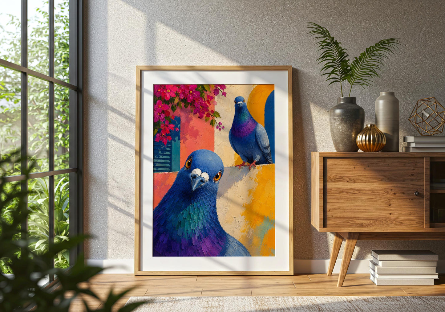 Colourful pigeon artwork perfect for gallery walls and travel-inspired home decor.