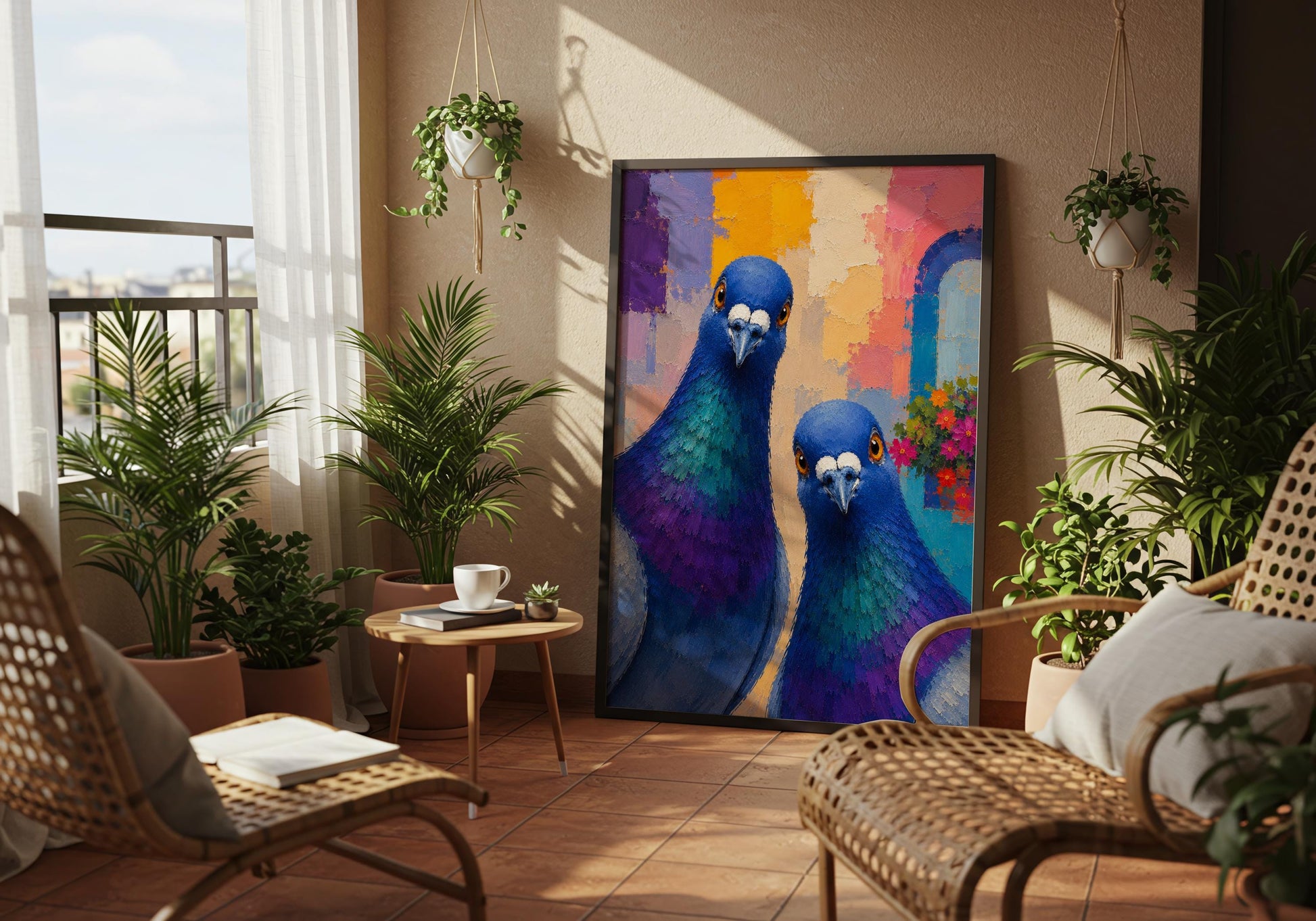 Colourful animal print showcasing two detailed pigeons in contemporary style.
