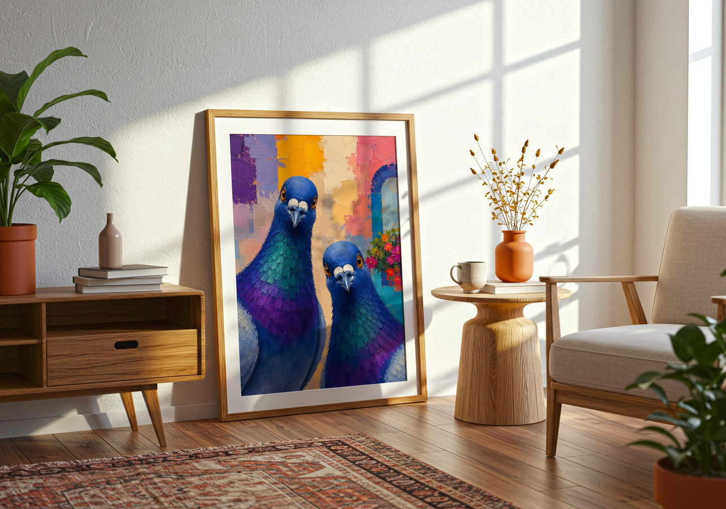 Contemporary bird print with vibrant blue pigeons and painterly textures.