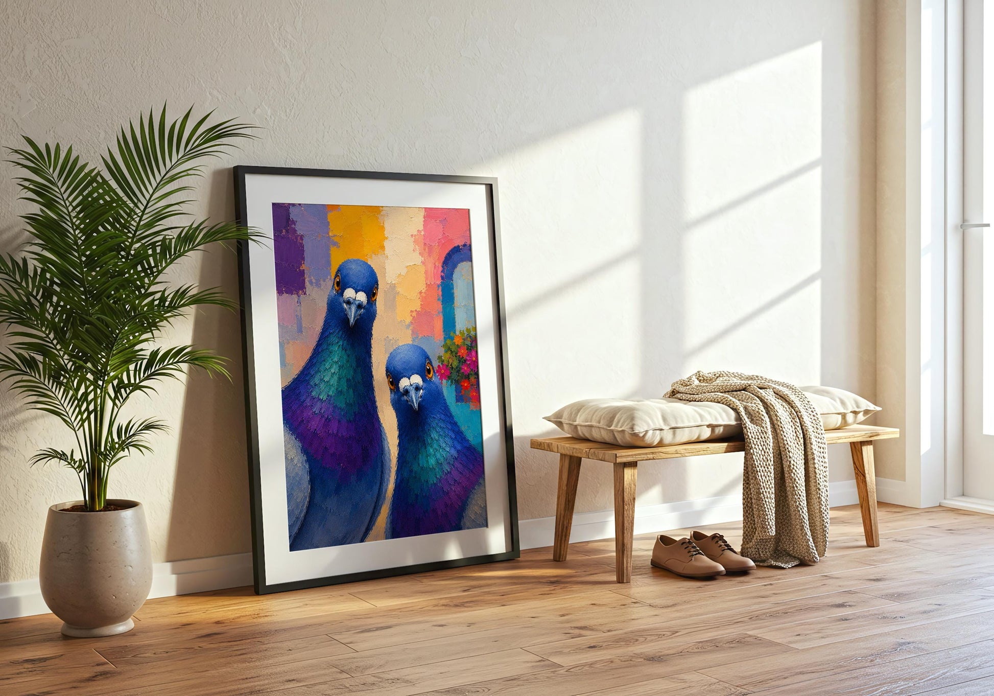 Contemporary pigeon poster with vibrant abstract background and painterly finish.