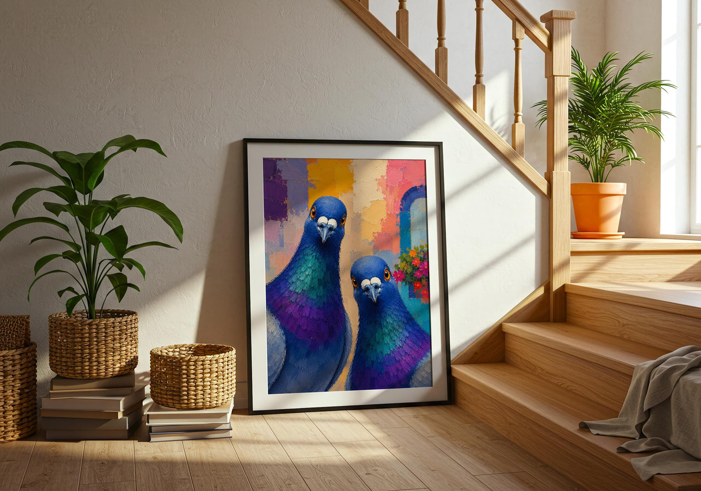 Wildlife artwork featuring blue pigeons for modern home decor.