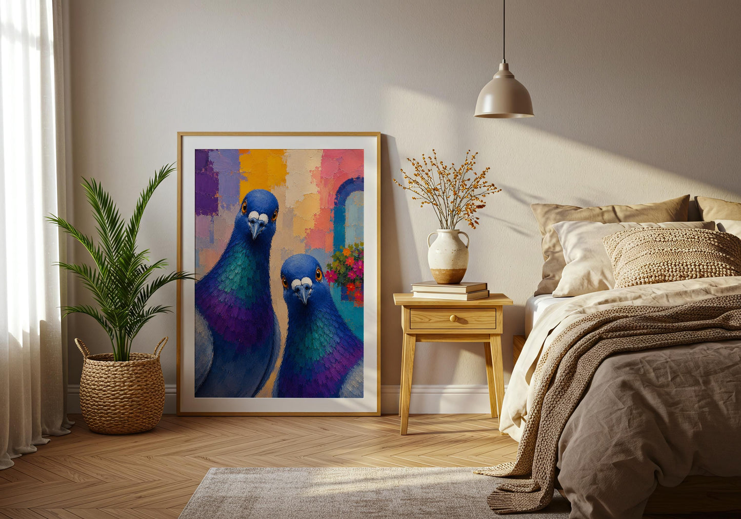 Gallery wall print with colourful pigeon illustration and bold artistic style.