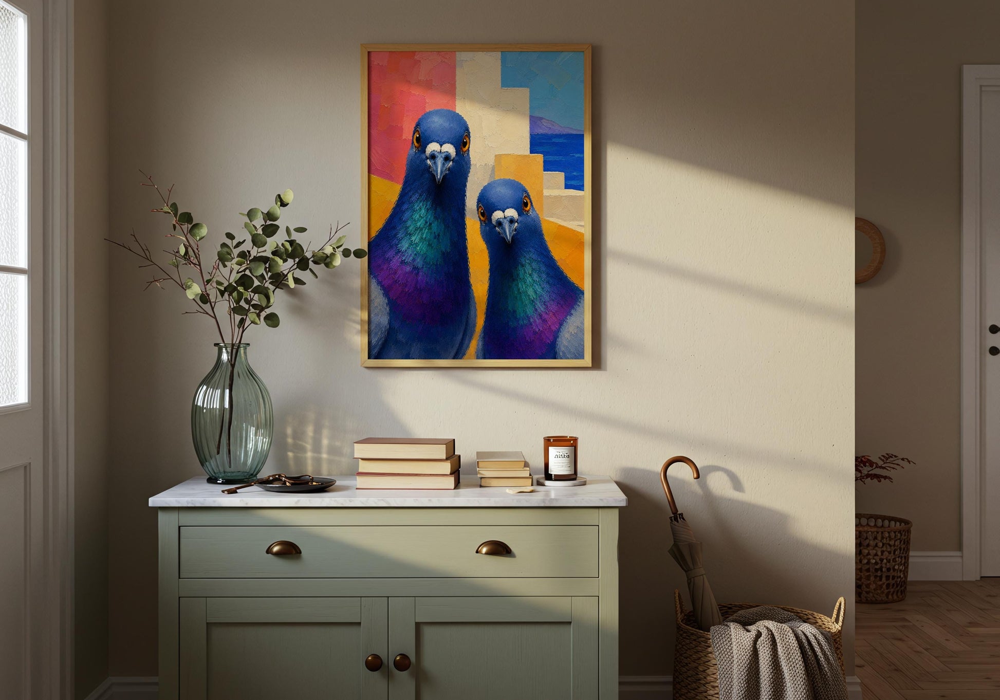Santorini-inspired pigeon print with vibrant blue, yellow and white colour palette.