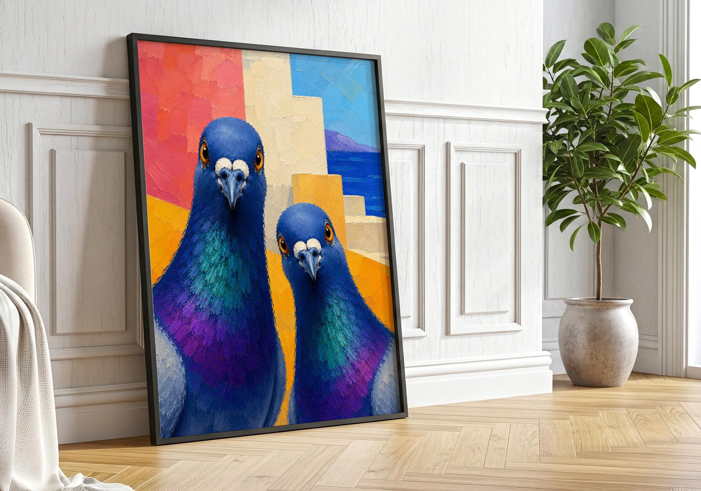 Modern bird wall art featuring curious pigeons and Greek island scenery.