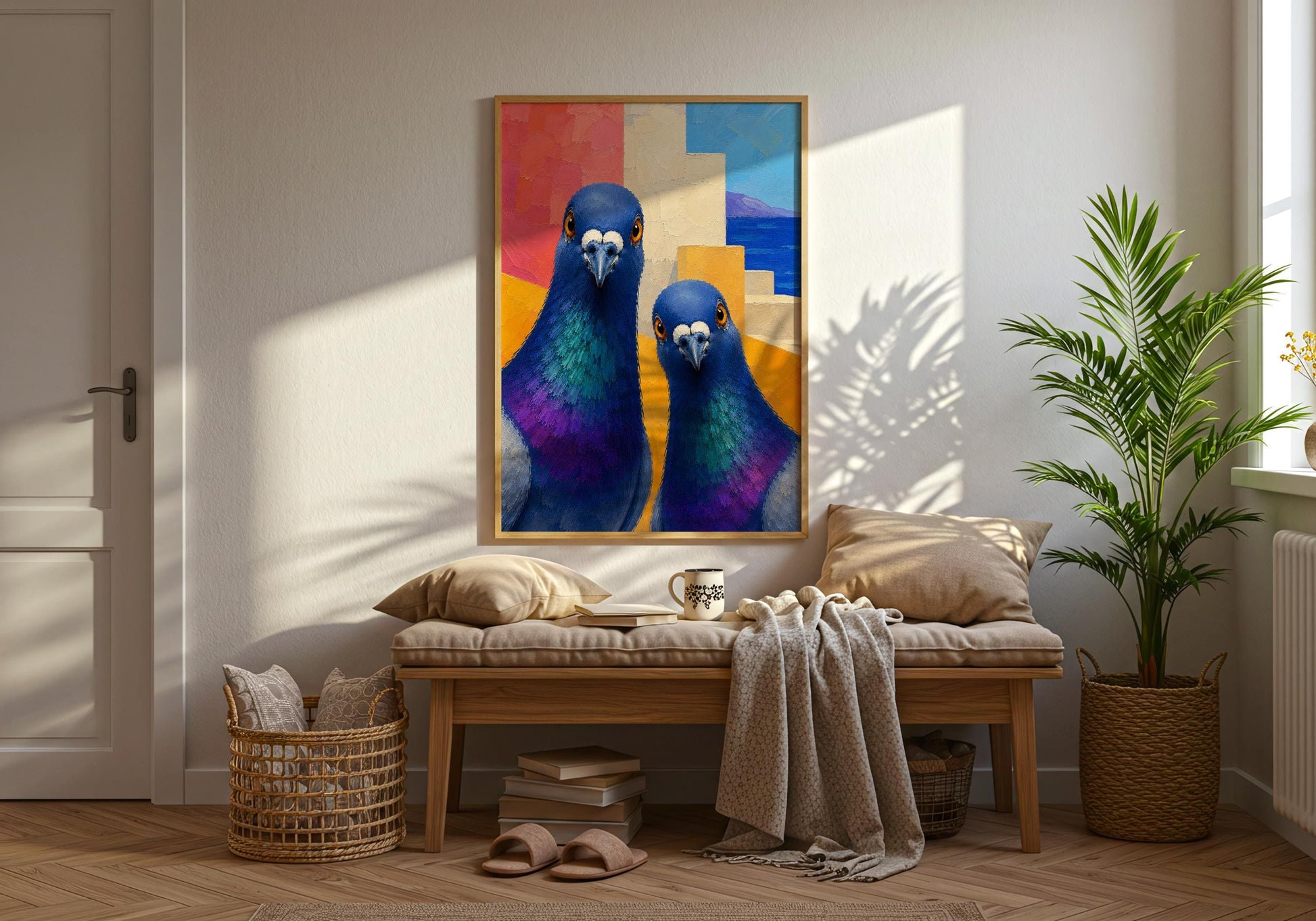 Greek island wall decor with vibrant blue pigeons and Mediterranean architecture.