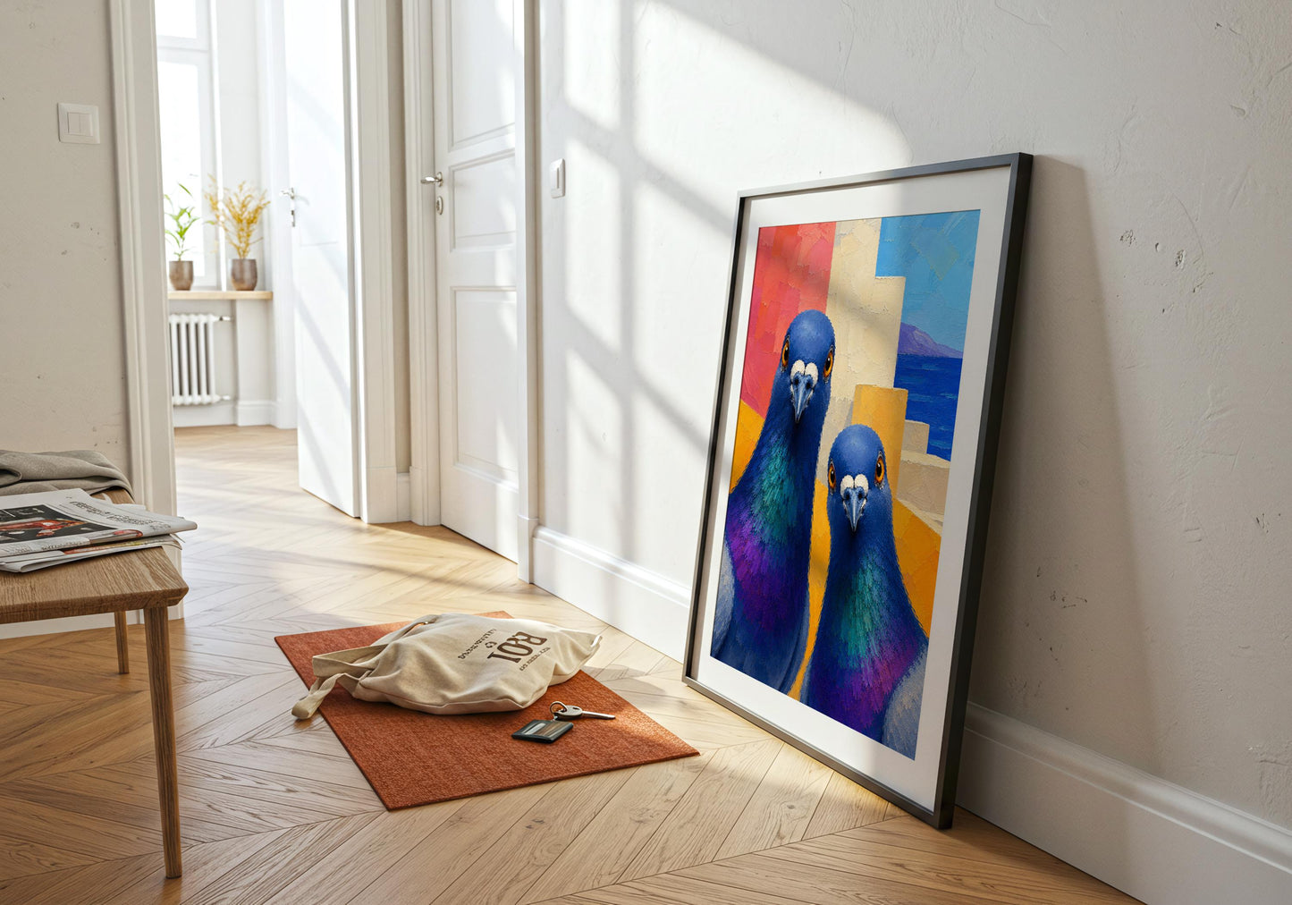 Coastal home decor featuring colourful pigeons and Mediterranean architecture.