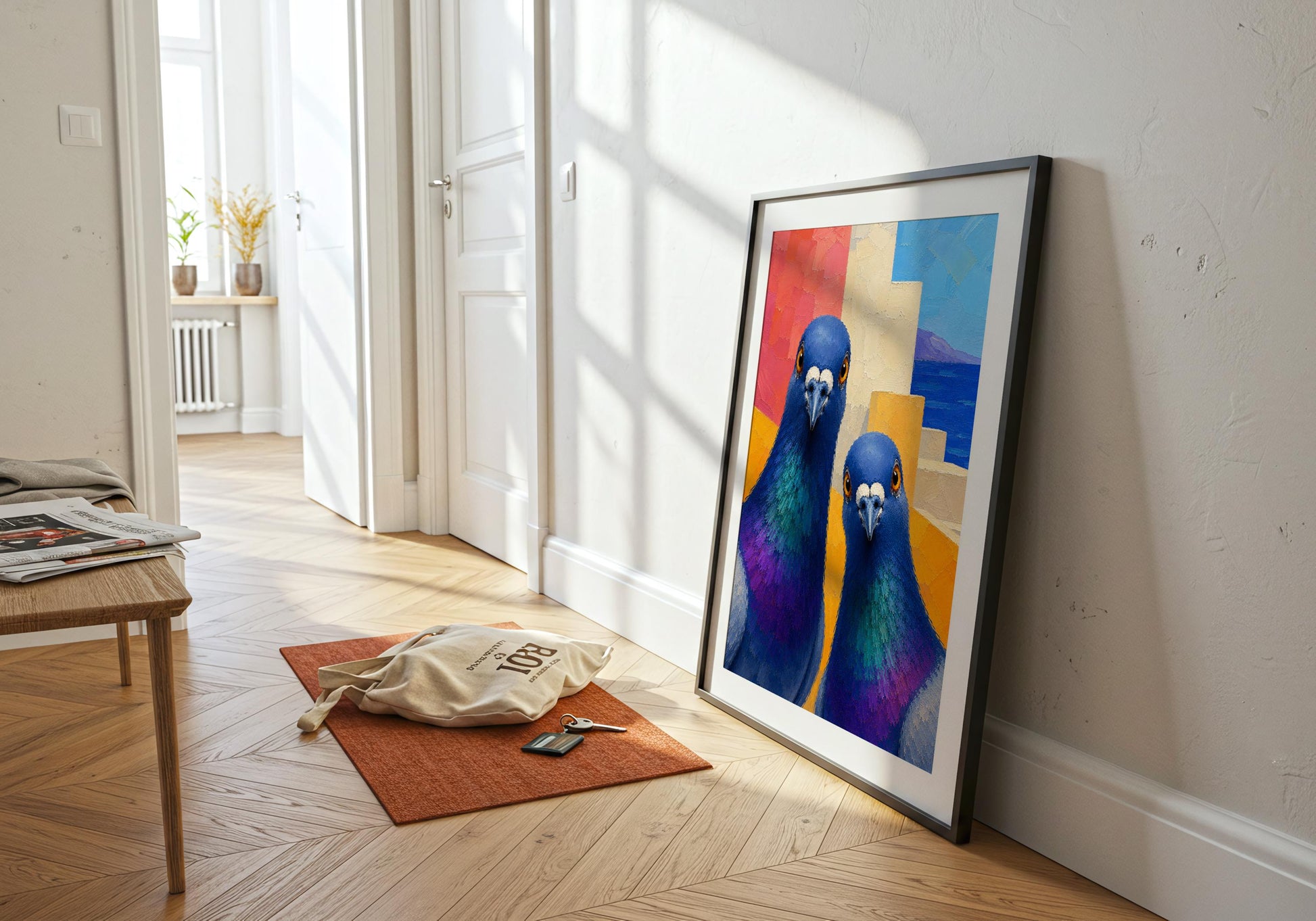 Coastal home decor featuring colourful pigeons and Mediterranean architecture.