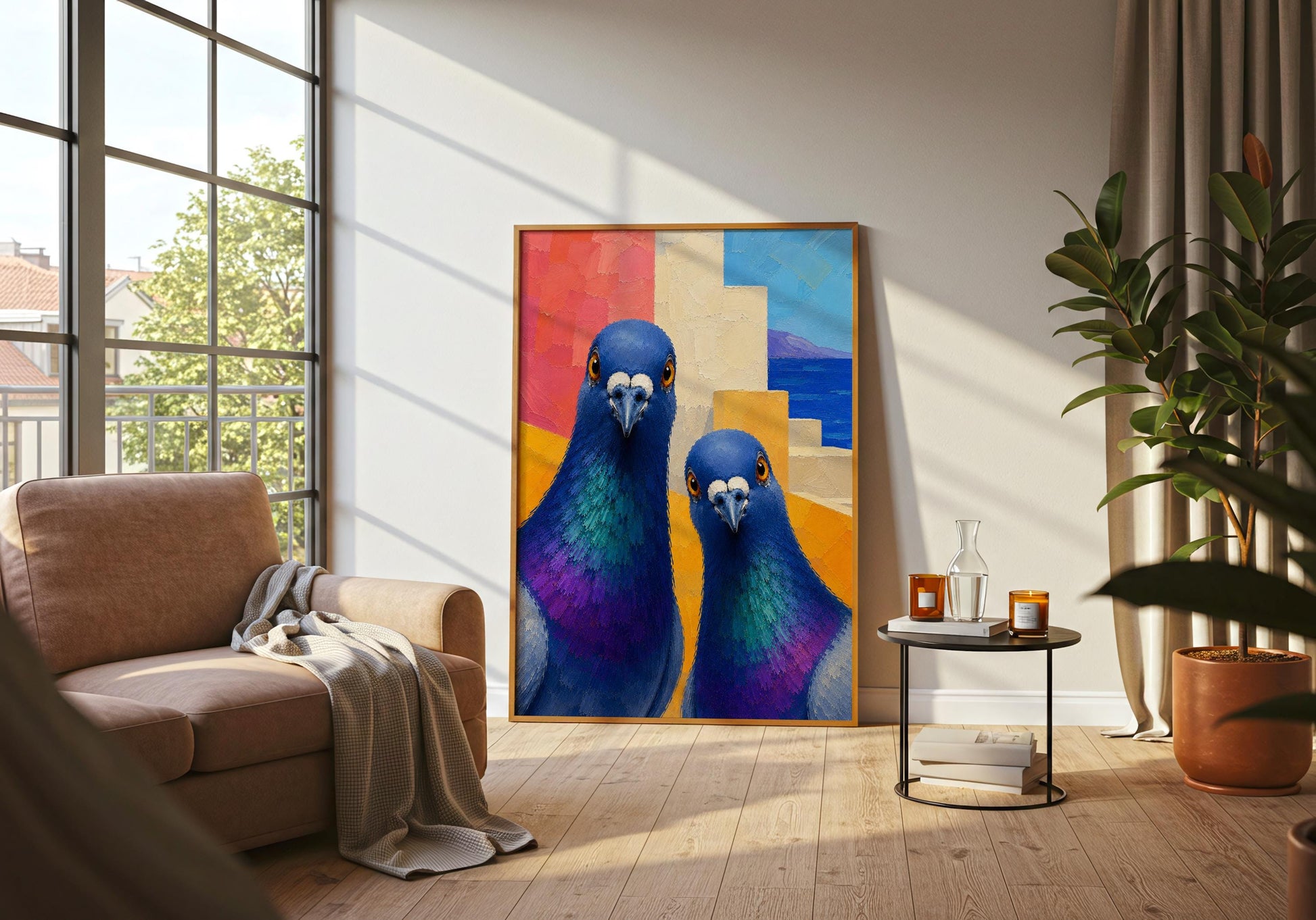 Mediterranean animal wall art featuring two pigeons against a coastal village backdrop.