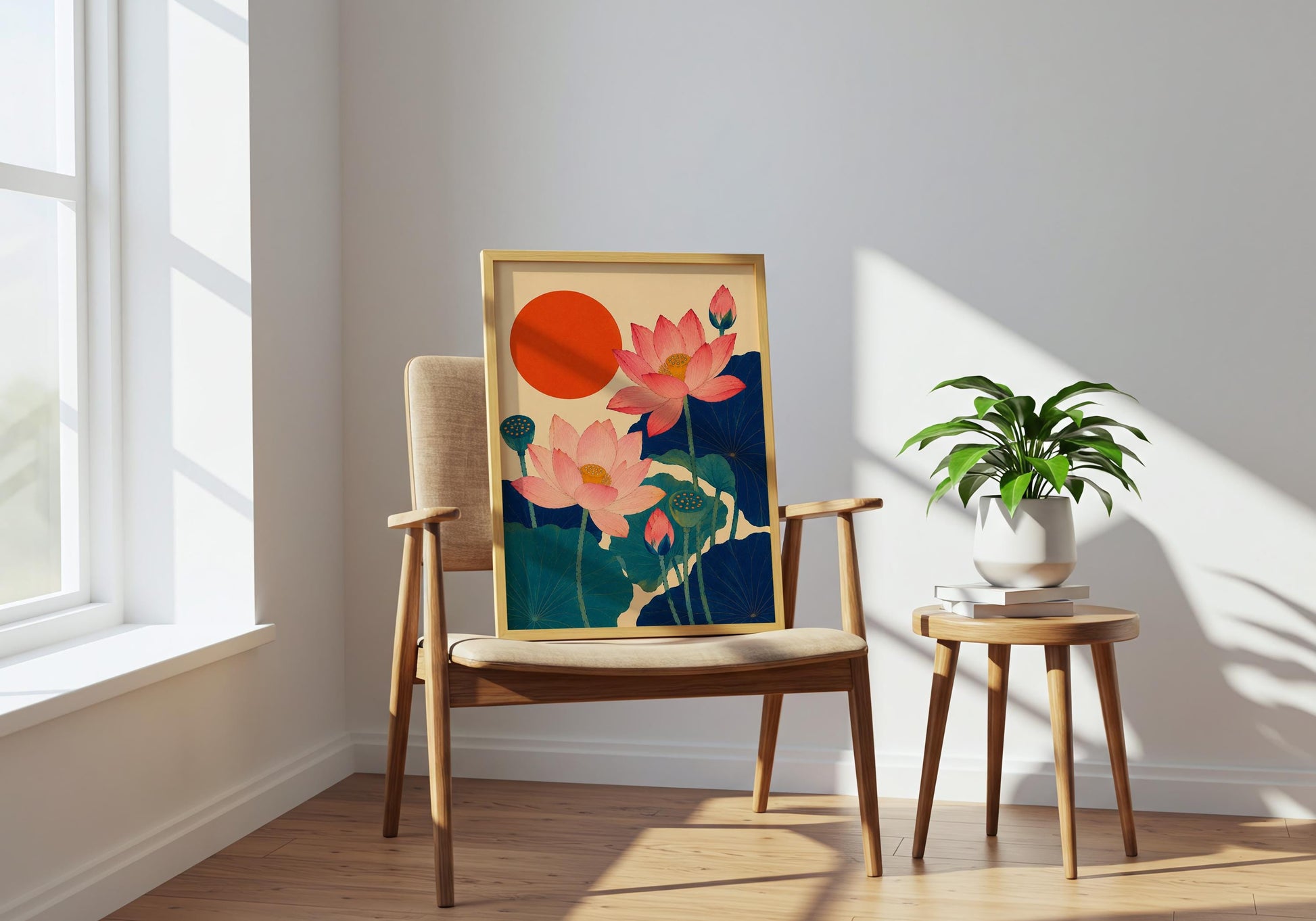 Framed Japanese botanical artwork leaning against a decorative white wall in a bright neutral interior.